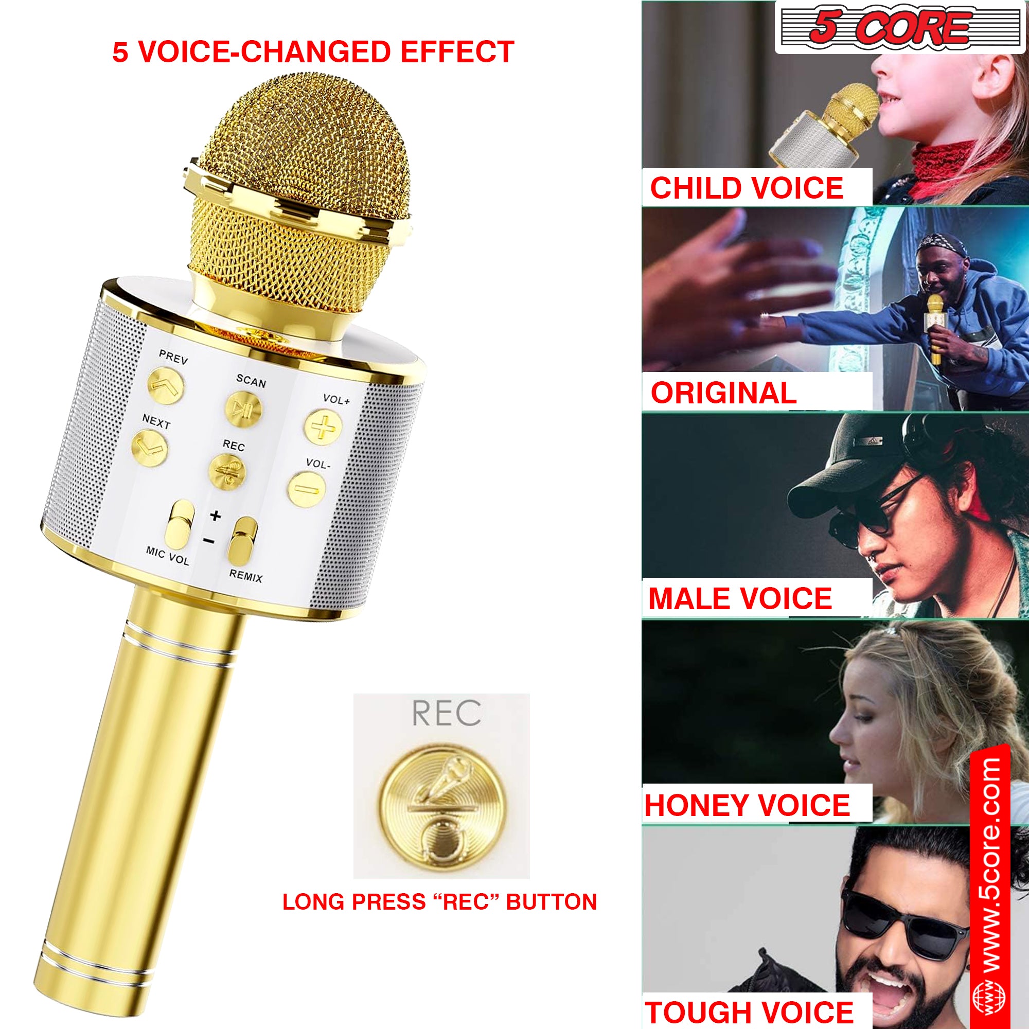 5 Core Karaoke Wireless Microphone in gold color, showcasing its sleek design and features for singing and entertainment.