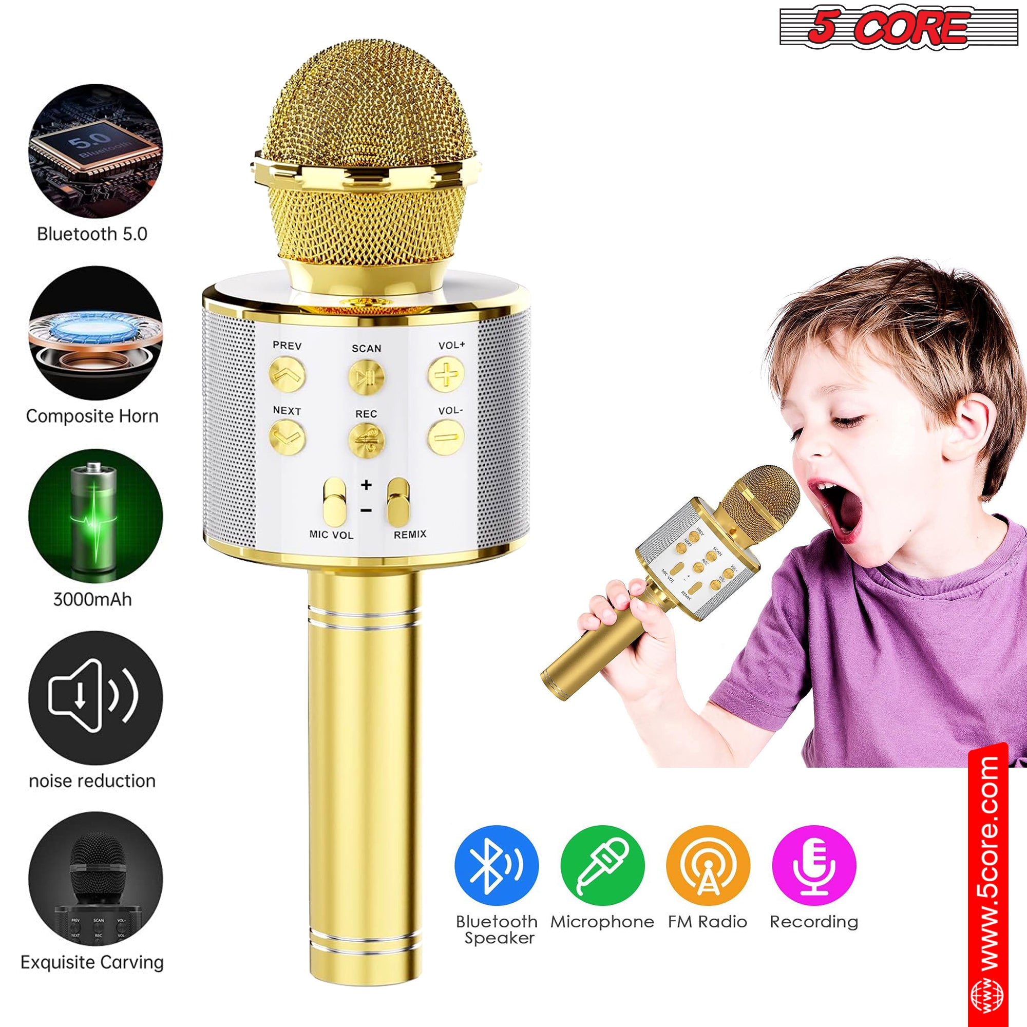 5 Core Karaoke Wireless Microphone in gold color, showcasing its sleek design and features for singing and entertainment.