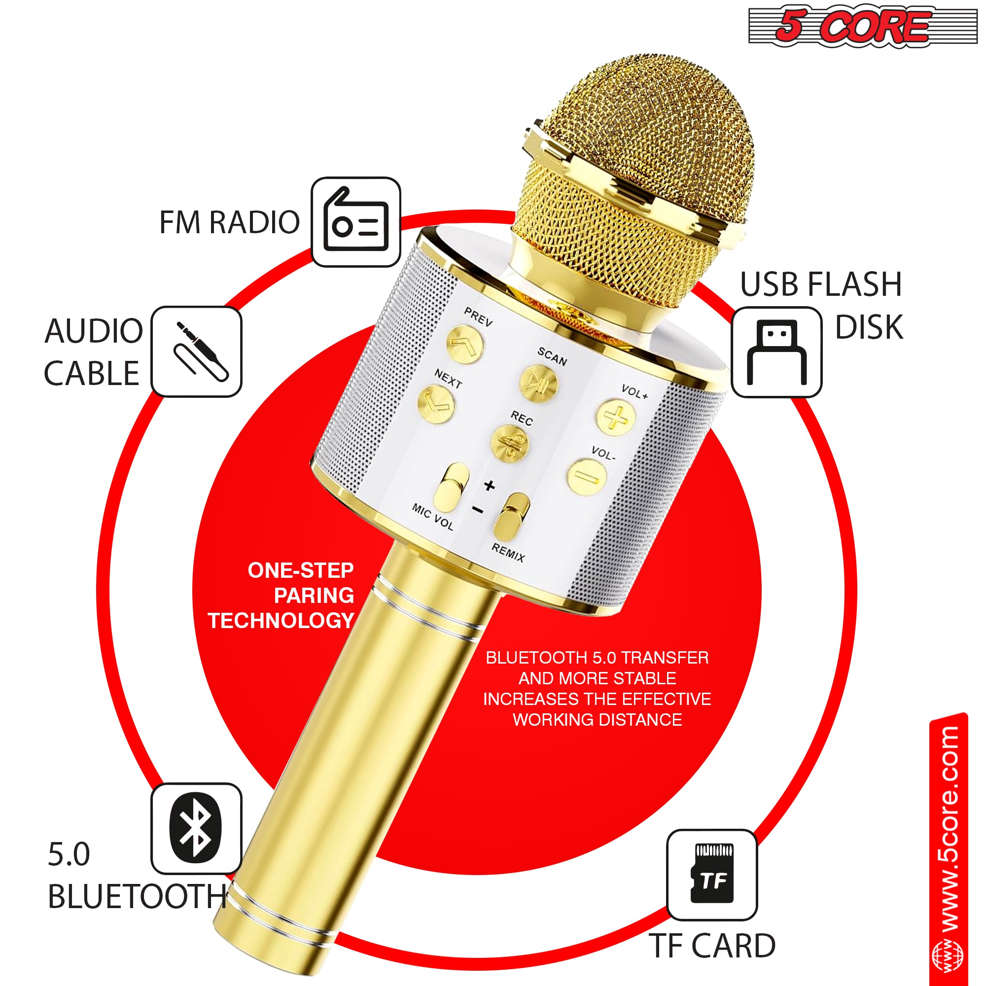 5 Core Karaoke Wireless Microphone in gold color, showcasing its sleek design and features for singing and entertainment.