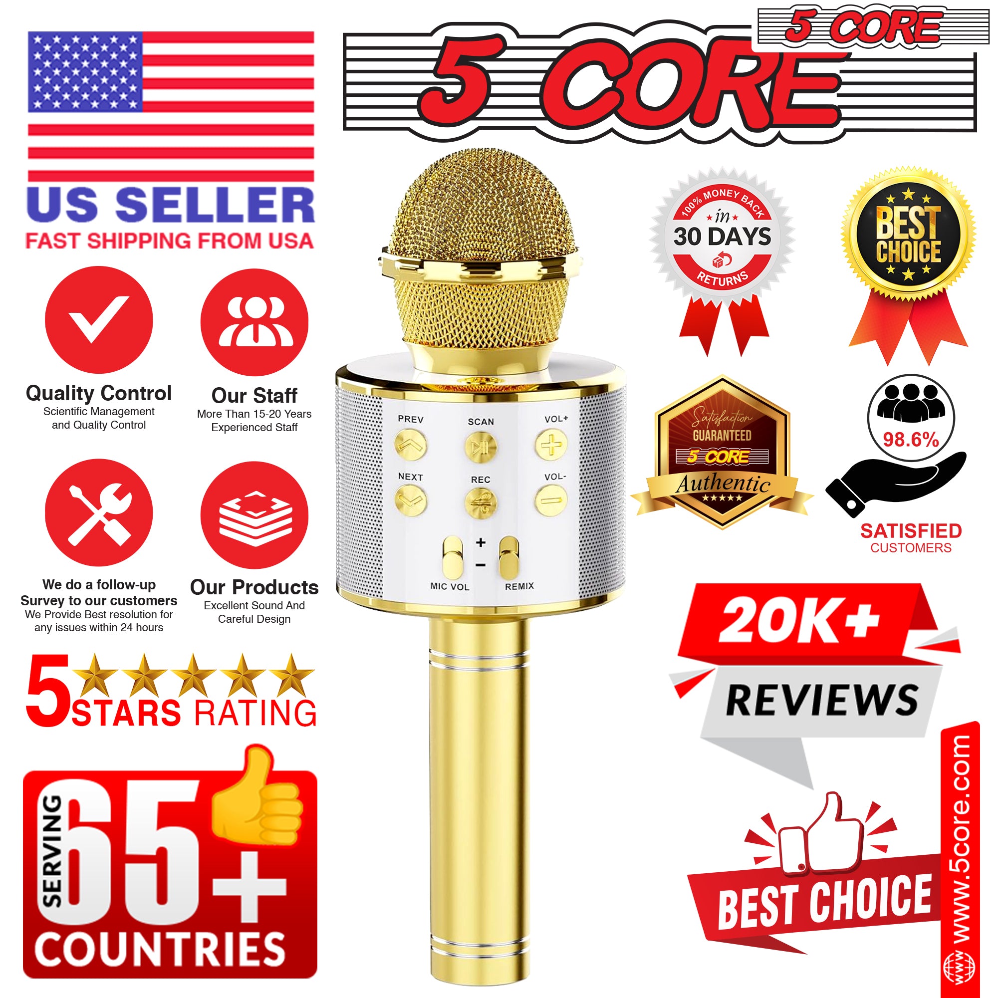 5 Core Karaoke Wireless Microphone in gold color, showcasing its sleek design and features for singing and entertainment.