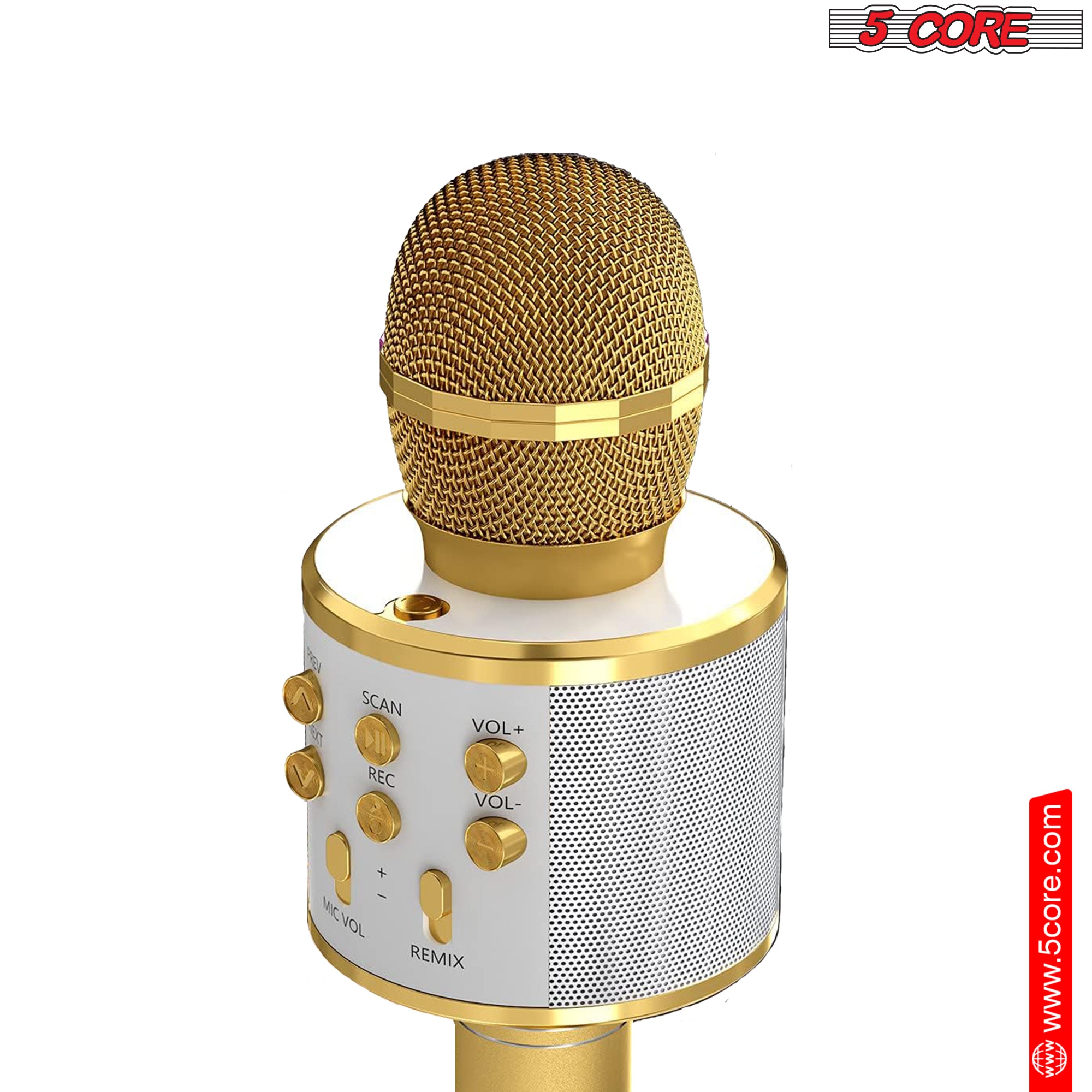 5 Core Karaoke Wireless Microphone in gold color, showcasing its sleek design and features for singing and entertainment.