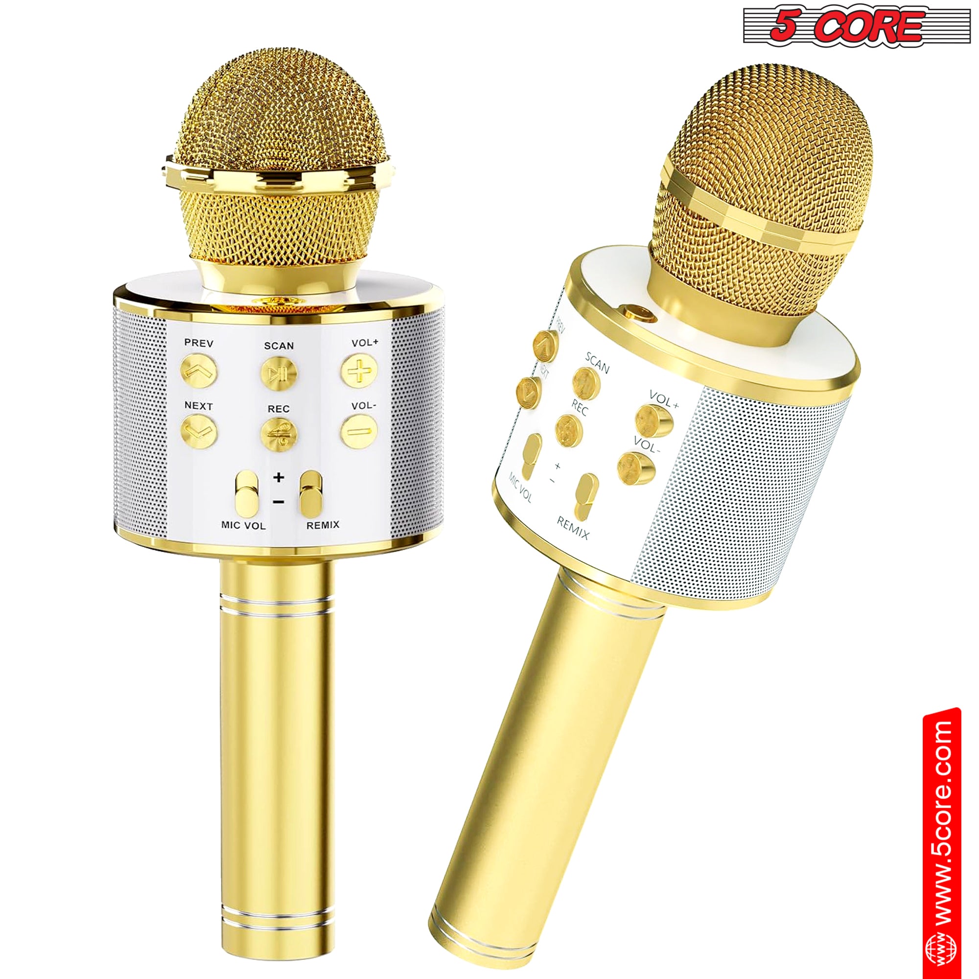 5 Core Karaoke Wireless Microphone in gold color, showcasing its sleek design and features for singing and entertainment.