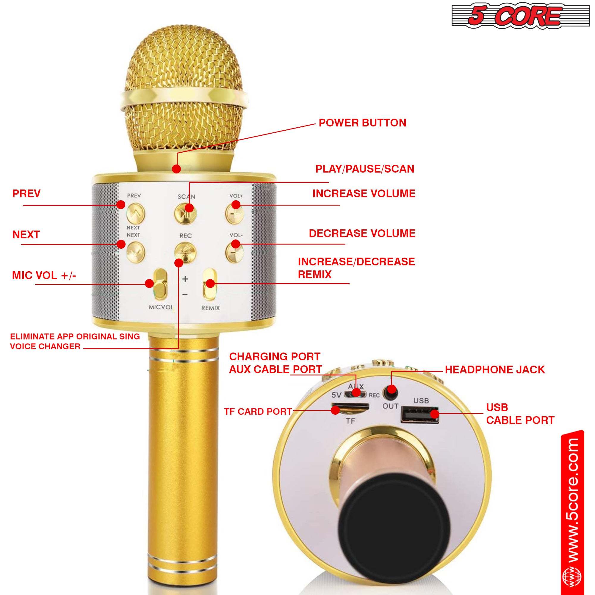 5 Core Karaoke Wireless Microphone in gold color, showcasing its sleek design and features for singing and entertainment.