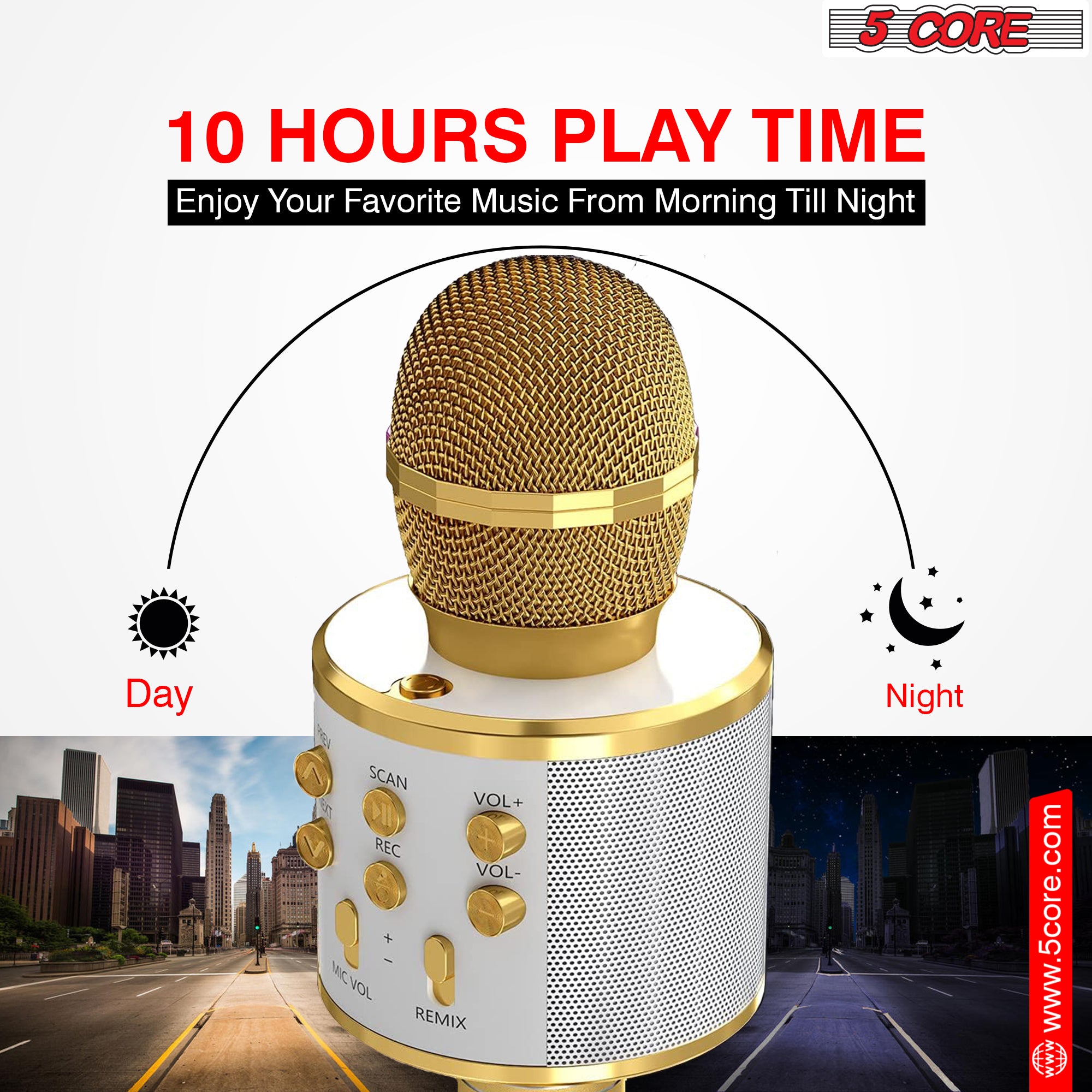 5 Core Karaoke Wireless Microphone in gold color, showcasing its sleek design and features for singing and entertainment.