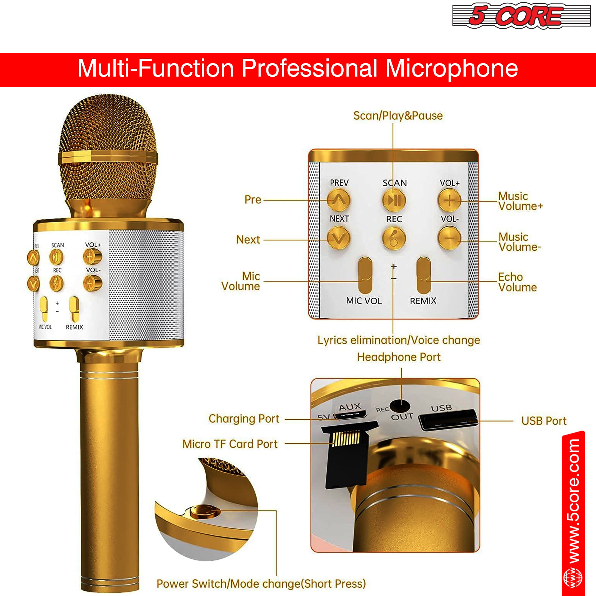 5 Core Karaoke Wireless Microphone in gold color, showcasing its sleek design and features for singing and entertainment.