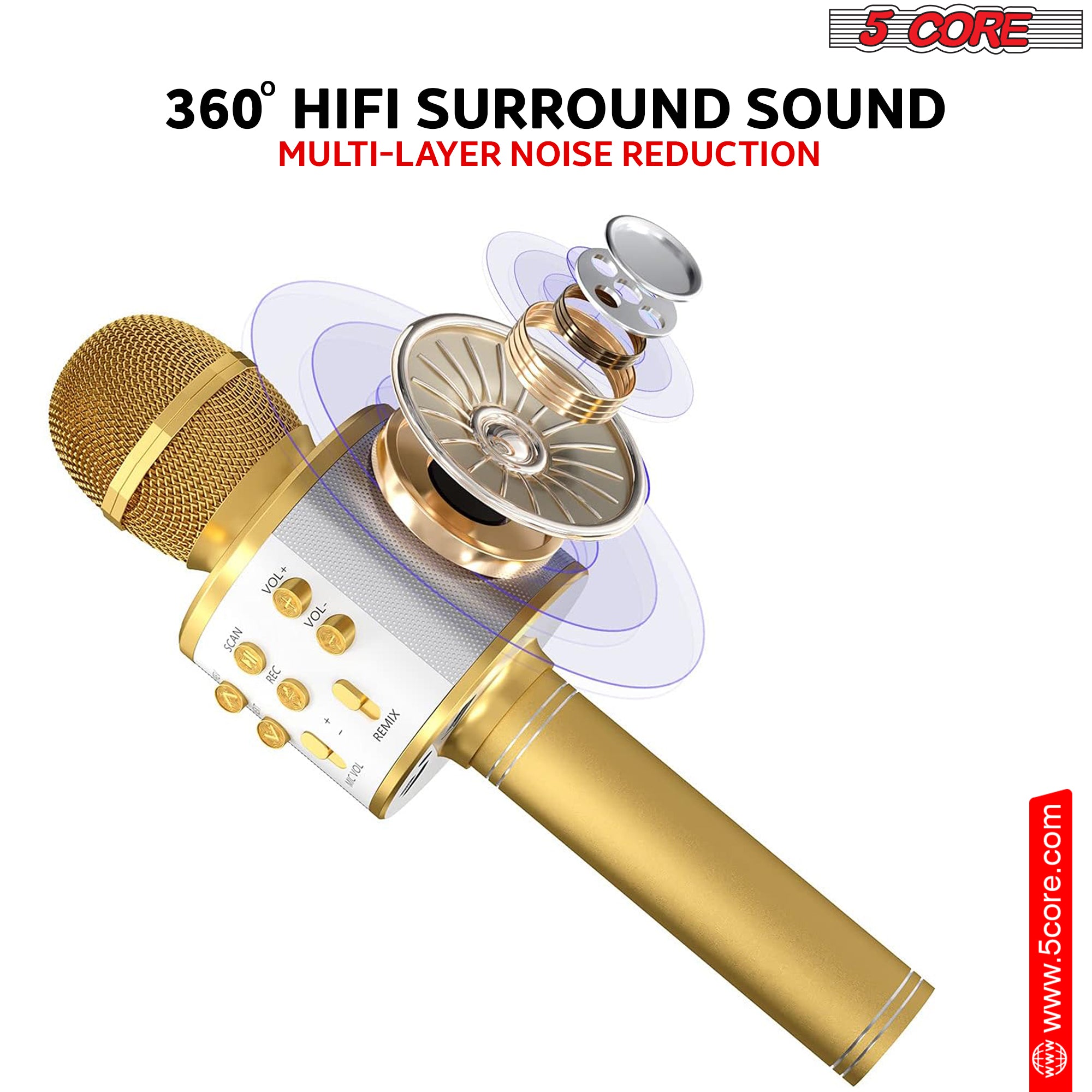 5 Core Karaoke Wireless Microphone in gold color, showcasing its sleek design and features for singing and entertainment.