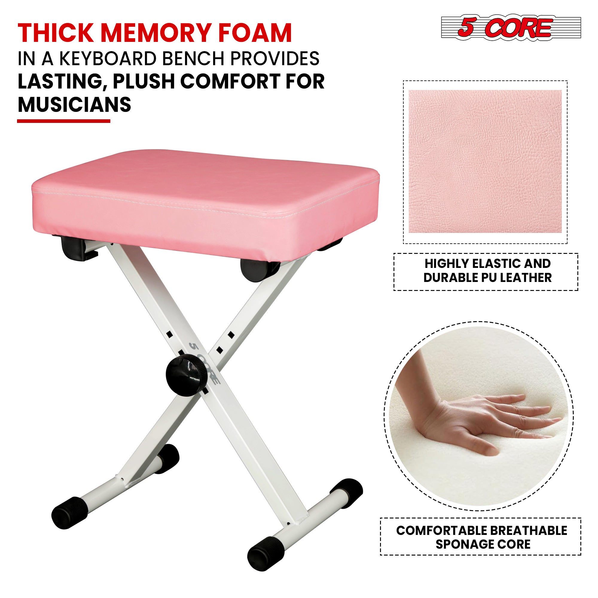 5 Core Keyboard Bench in pink, featuring thick padded seat and adjustable height for comfort during music sessions.