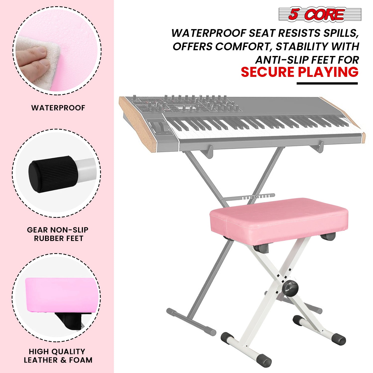 5 Core Keyboard Bench in pink, featuring thick padded seat and adjustable height for comfort during music sessions.