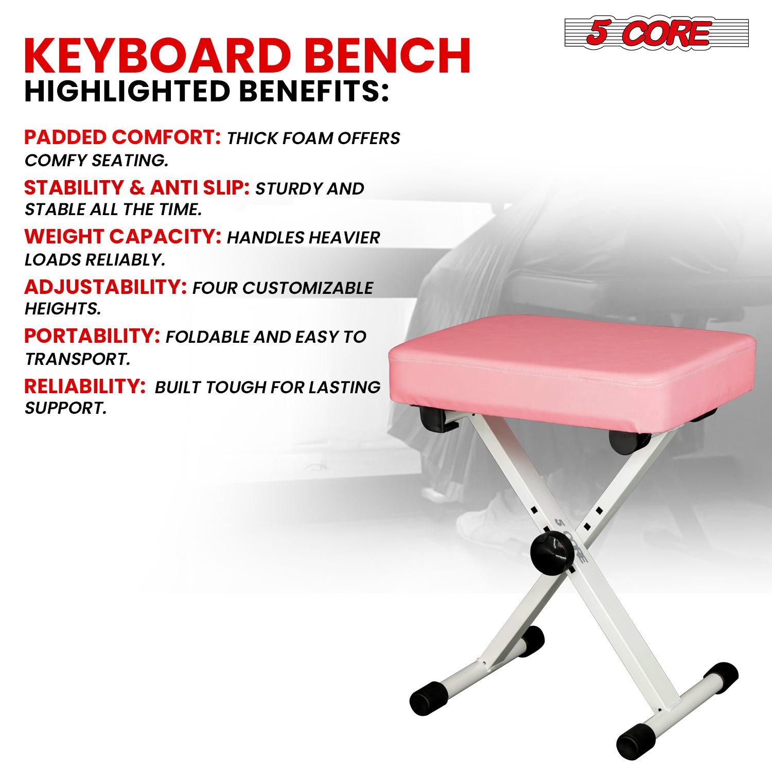 5 Core Keyboard Bench in pink, featuring thick padded seat and adjustable height for comfort during music sessions.