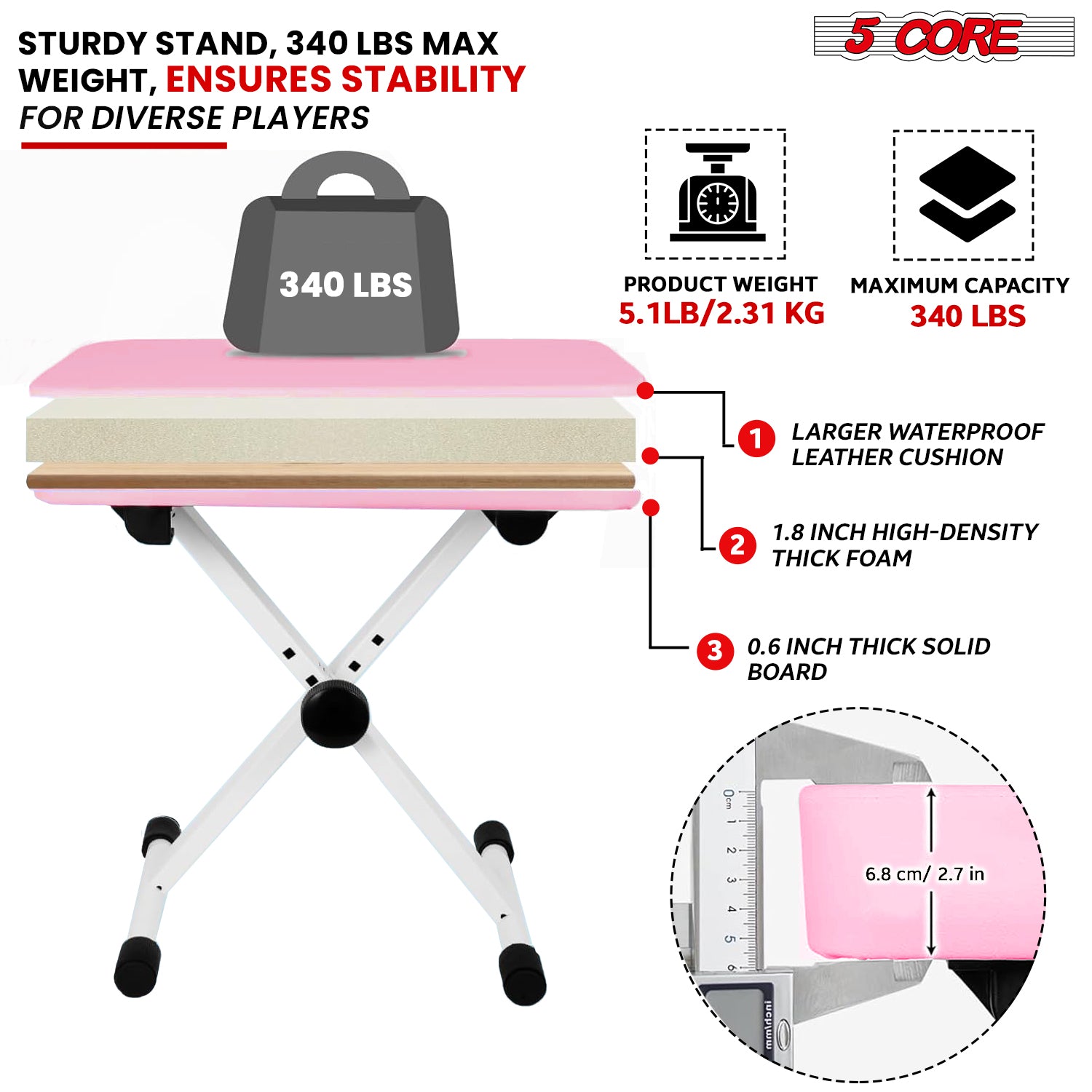 5 Core Keyboard Bench in pink, featuring thick padded seat and adjustable height for comfort during music sessions.