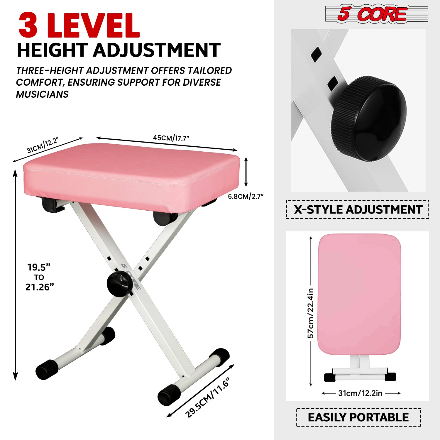 5 Core Keyboard Bench in pink, featuring thick padded seat and adjustable height for comfort during music sessions.