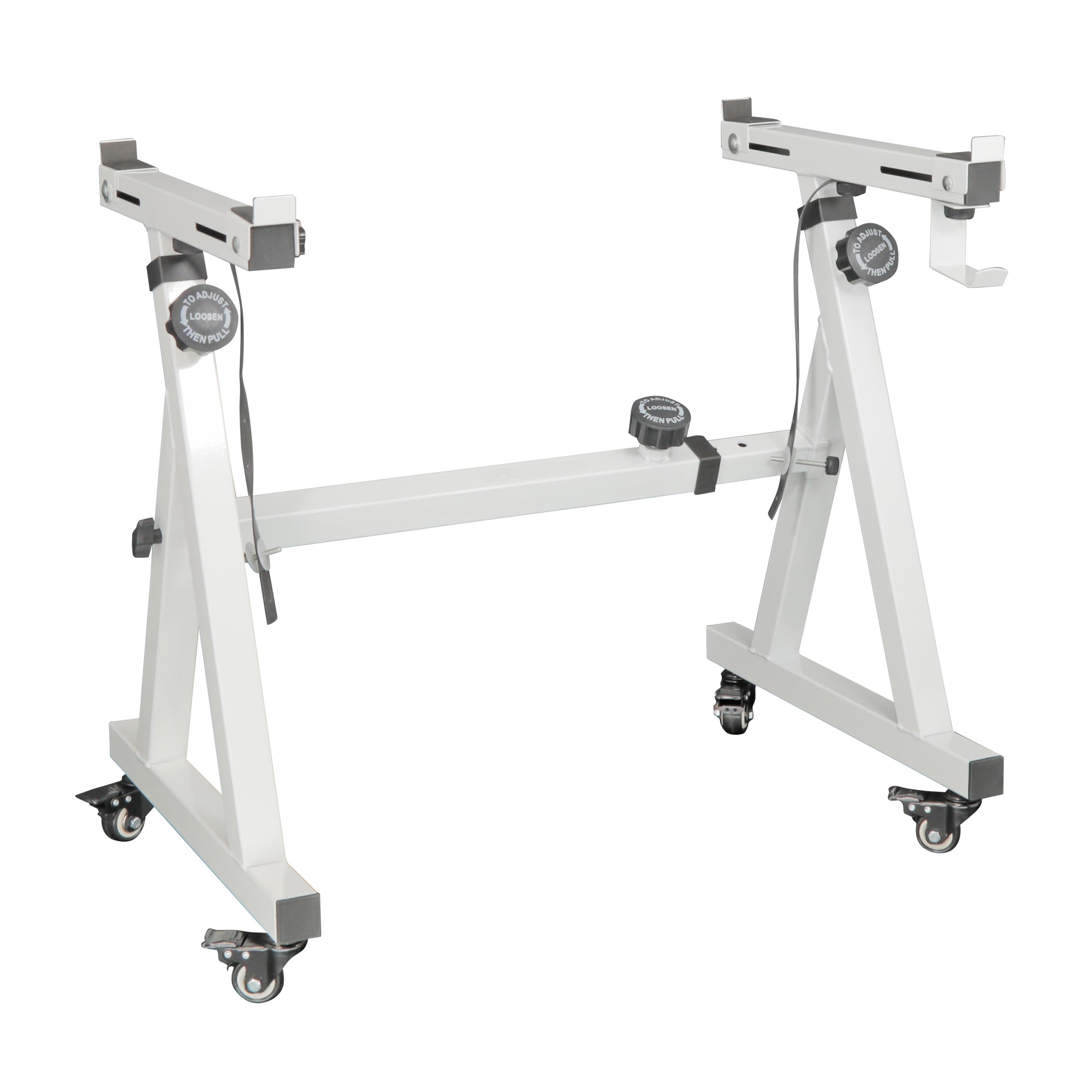 5 Core Keyboard Stand in white with adjustable height and width, featuring wheels for easy mobility and a sturdy Z-style design.