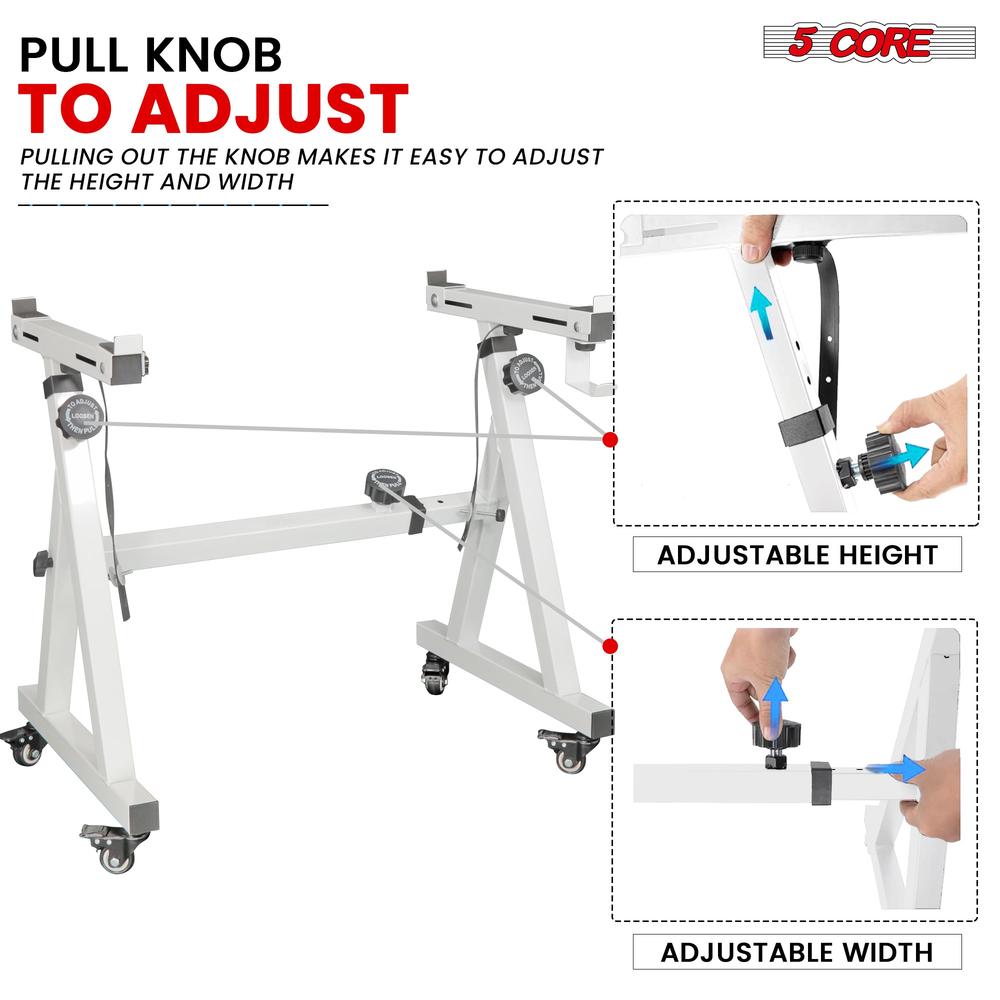 5 Core Keyboard Stand in white with adjustable height and width, featuring wheels for easy mobility and a sturdy Z-style design.