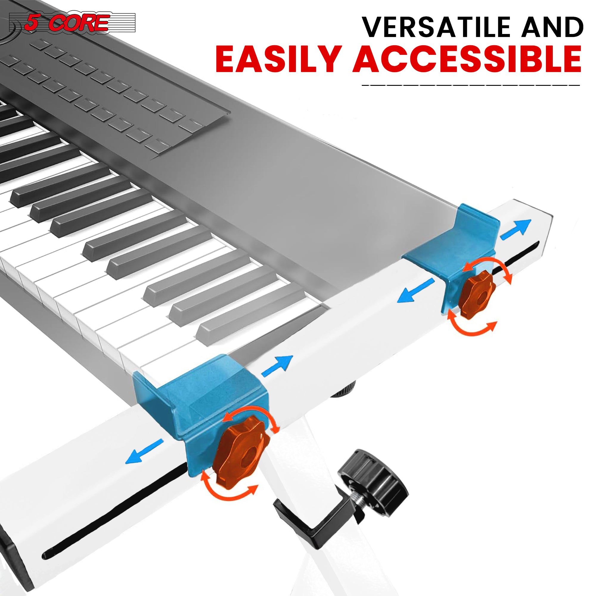 5 Core Keyboard Stand in white with adjustable height and width, featuring wheels for easy mobility and a sturdy Z-style design.