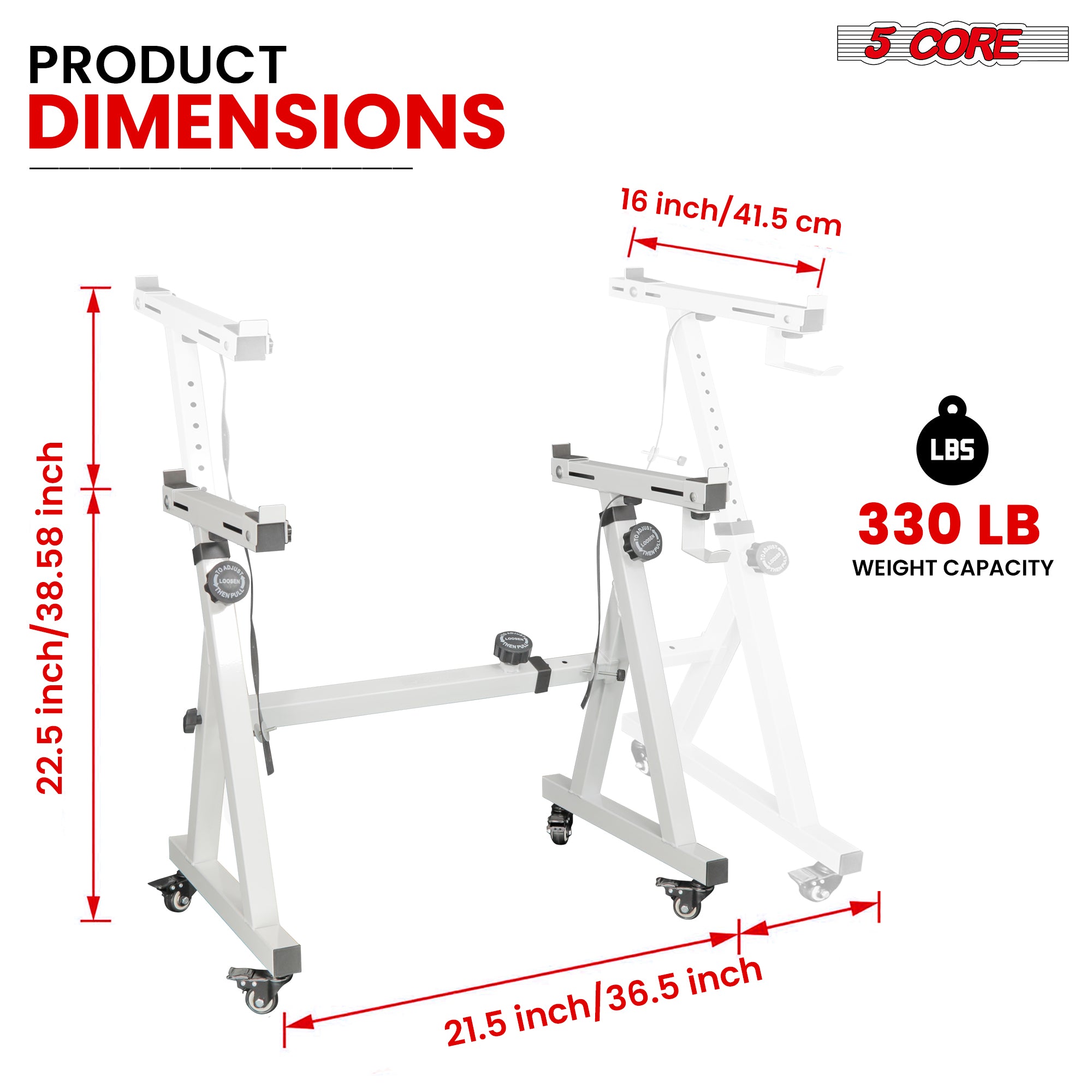 5 Core Keyboard Stand in white with adjustable height and width, featuring wheels for easy mobility and a sturdy Z-style design.