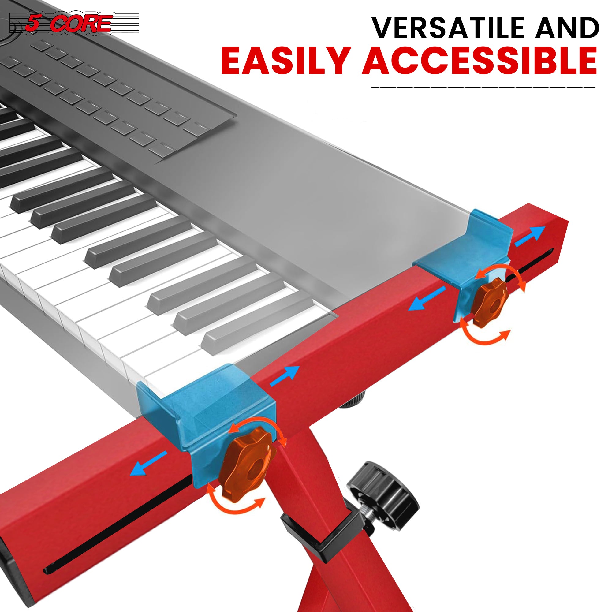 5 Core Z Style Keyboard Stand, adjustable height and width, sturdy steel construction with locking wheels and anti-slip pads.