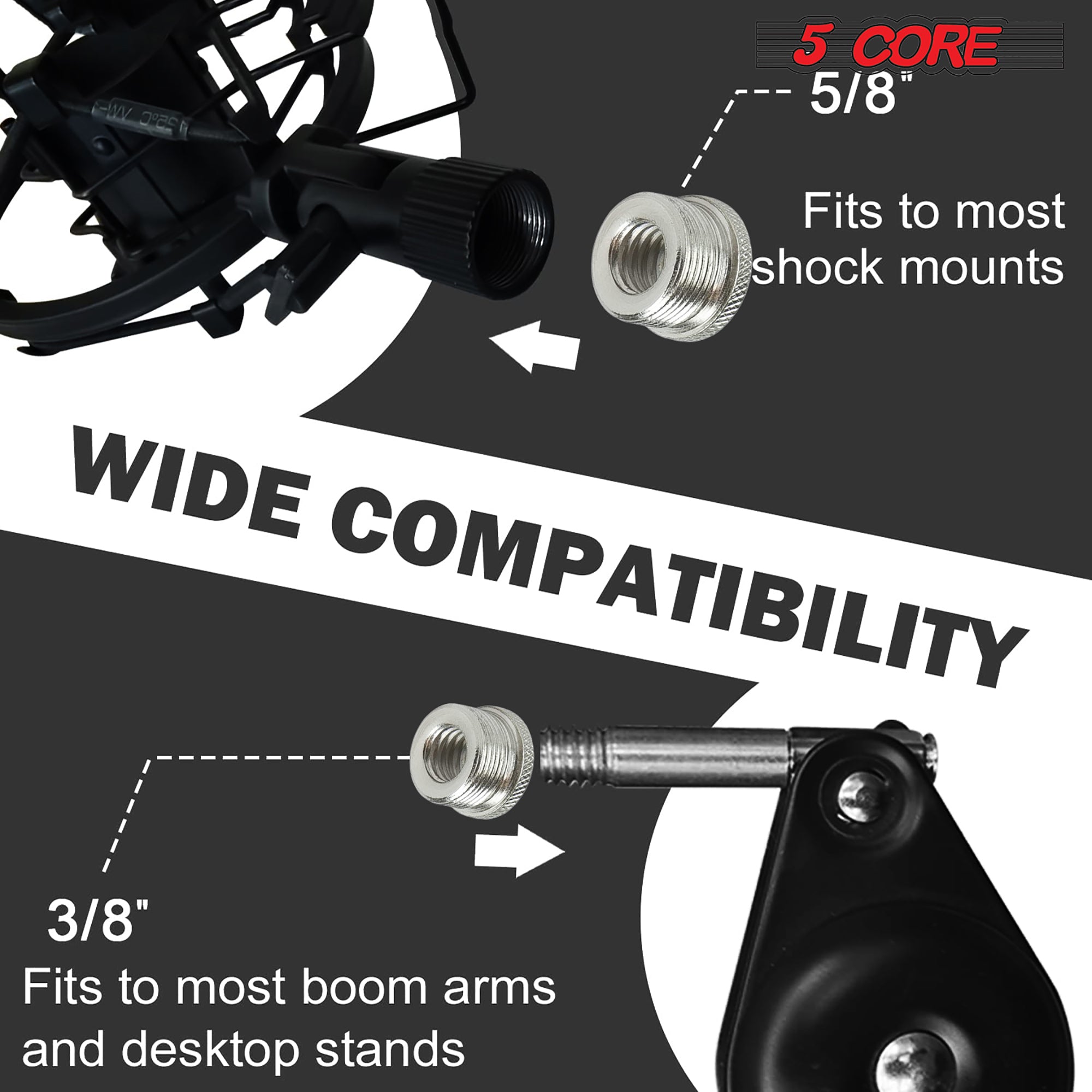 5 Core Mic Stand Adapter showcasing a 5/8 Male to 3/8 Female screw thread design, made of durable aluminum with a nonslip surface.