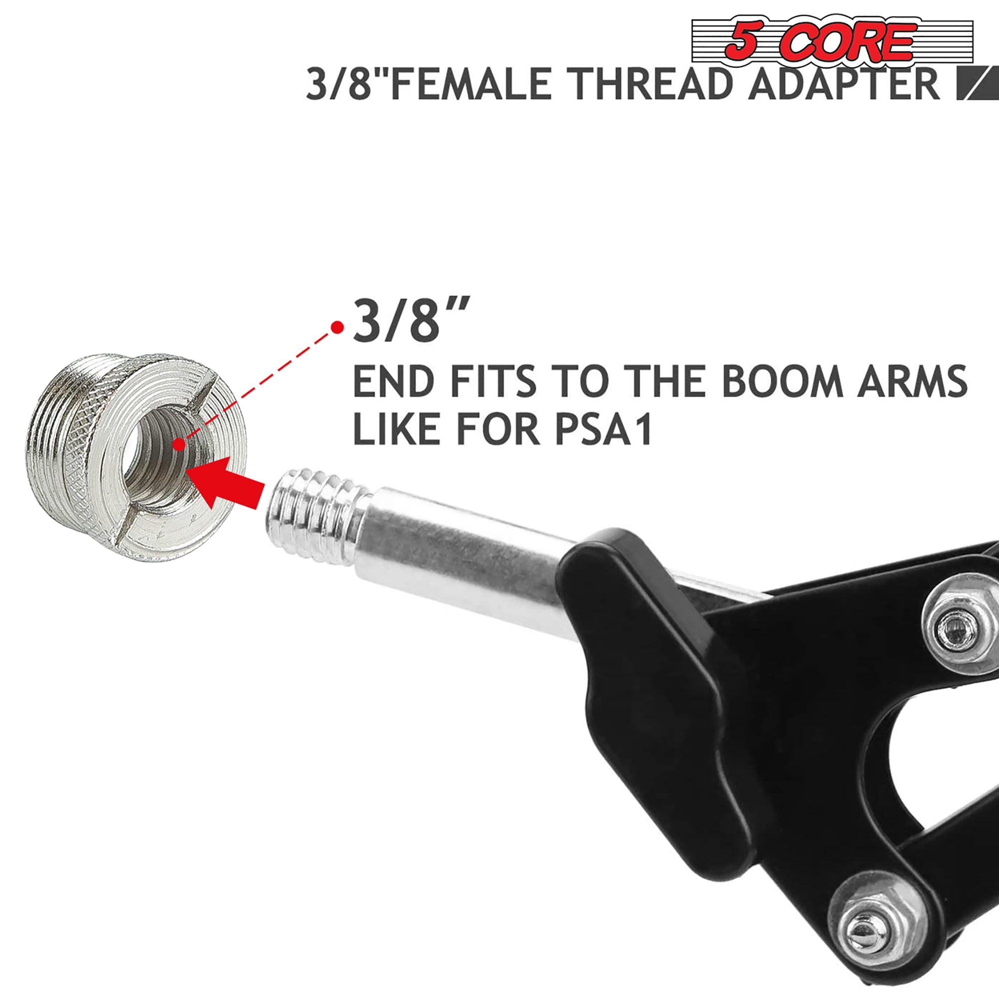 5 Core Mic Stand Adapter showcasing a 5/8 Male to 3/8 Female screw thread design, made of durable aluminum with a nonslip surface.