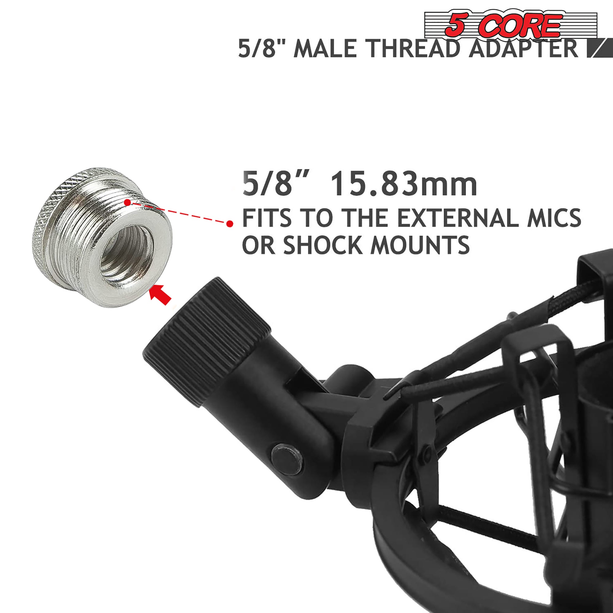 5 Core Mic Stand Adapter showcasing a 5/8 Male to 3/8 Female screw thread design, made of durable aluminum with a nonslip surface.