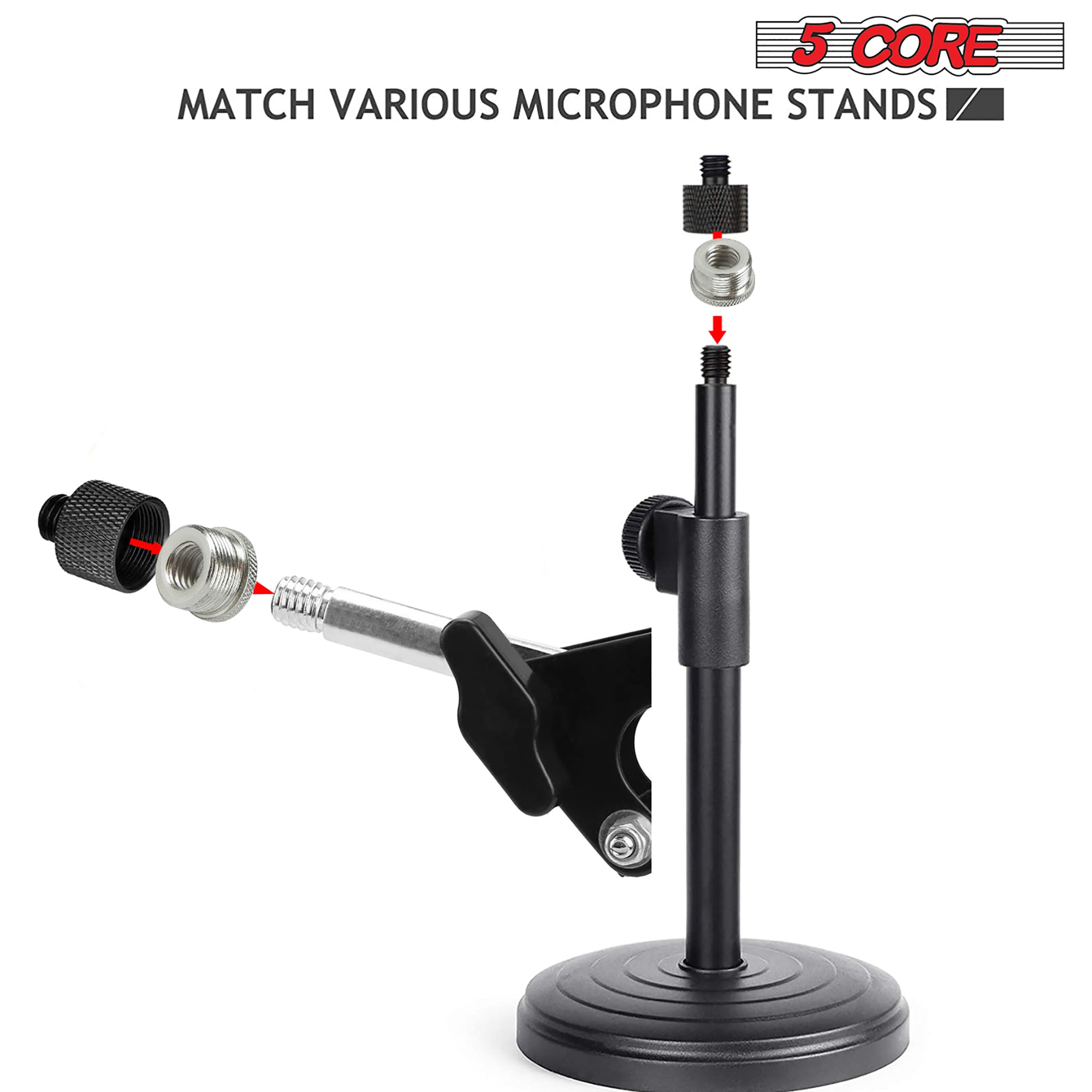 5 Core Mic Stand Adapter showcasing a 5/8 Male to 3/8 Female screw thread design, made of durable aluminum with a nonslip surface.