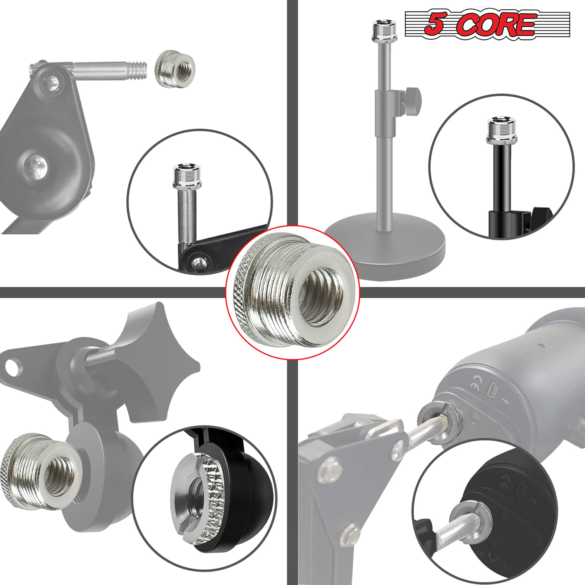 5 Core Mic Stand Adapter showcasing a 5/8 Male to 3/8 Female screw thread design, made of durable aluminum with a nonslip surface.