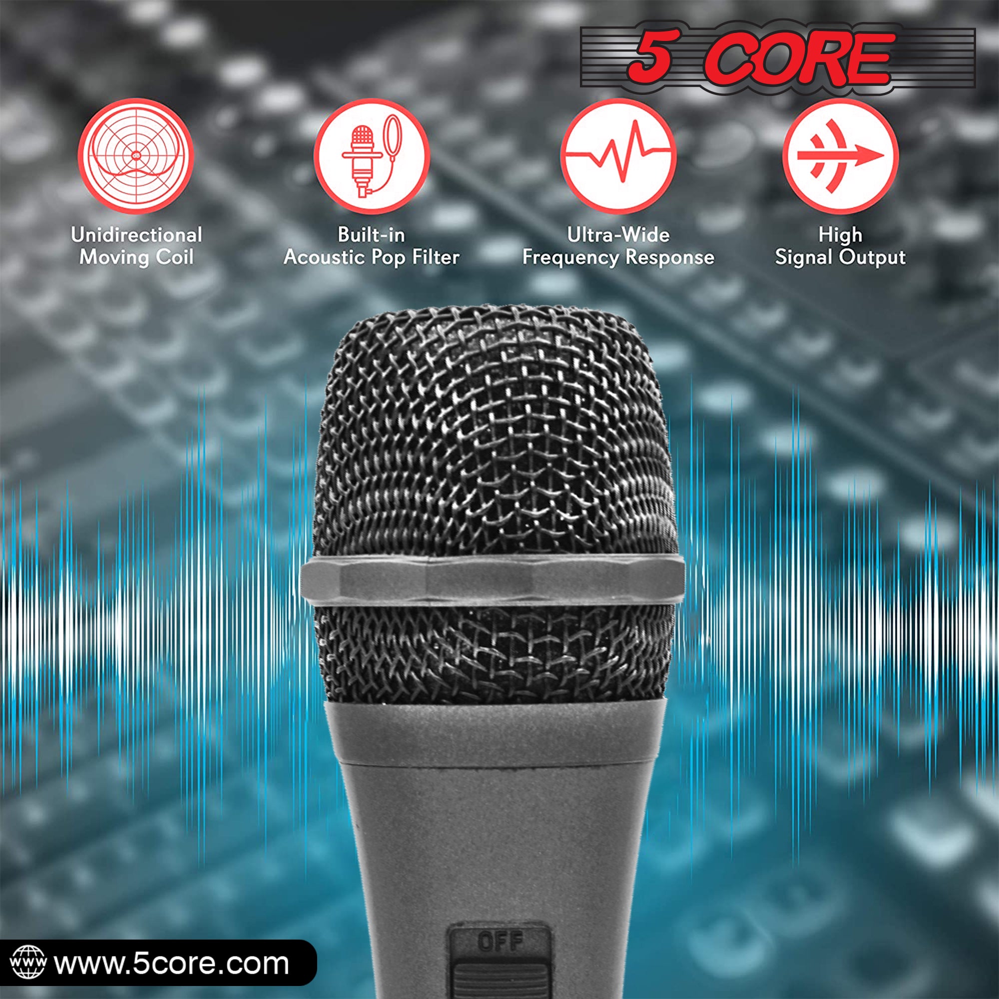 5 Core Microphone for Singing Karaoke with XLR connection, featuring a rugged design and built-in pop filter.