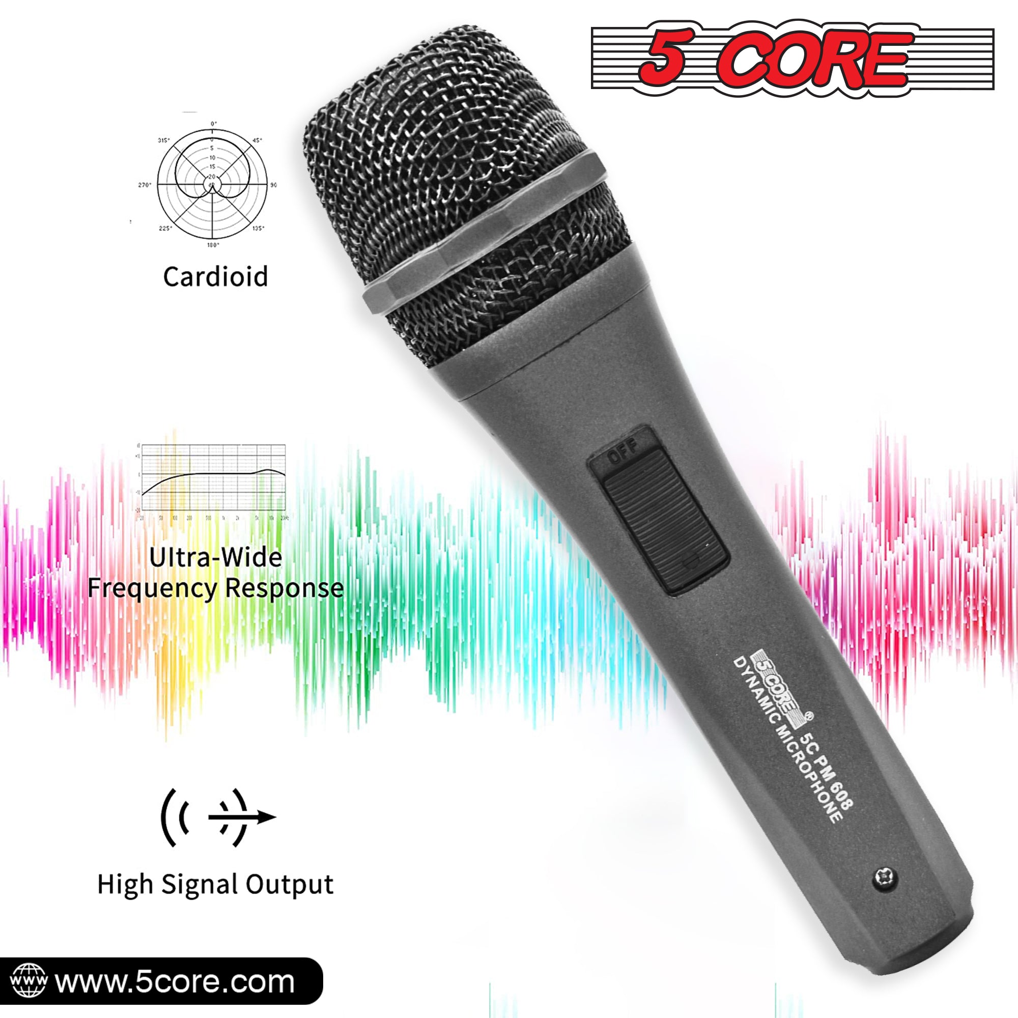 5 Core Microphone for Singing Karaoke with XLR connection, featuring a rugged design and built-in pop filter.