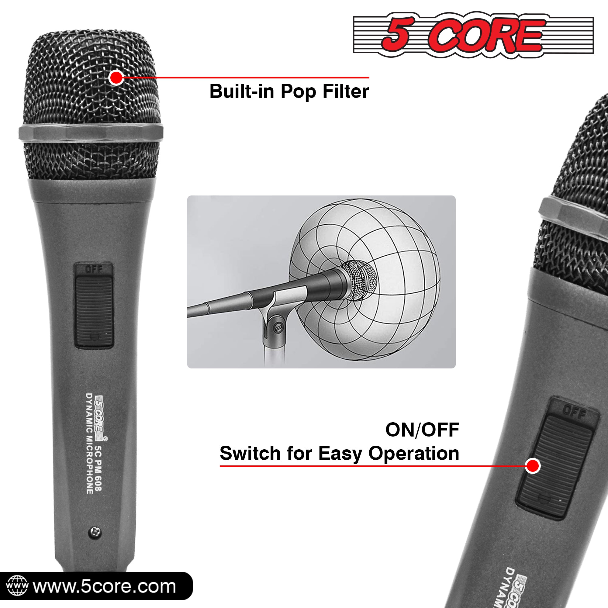 5 Core Microphone for Singing Karaoke with XLR connection, featuring a rugged design and built-in pop filter.