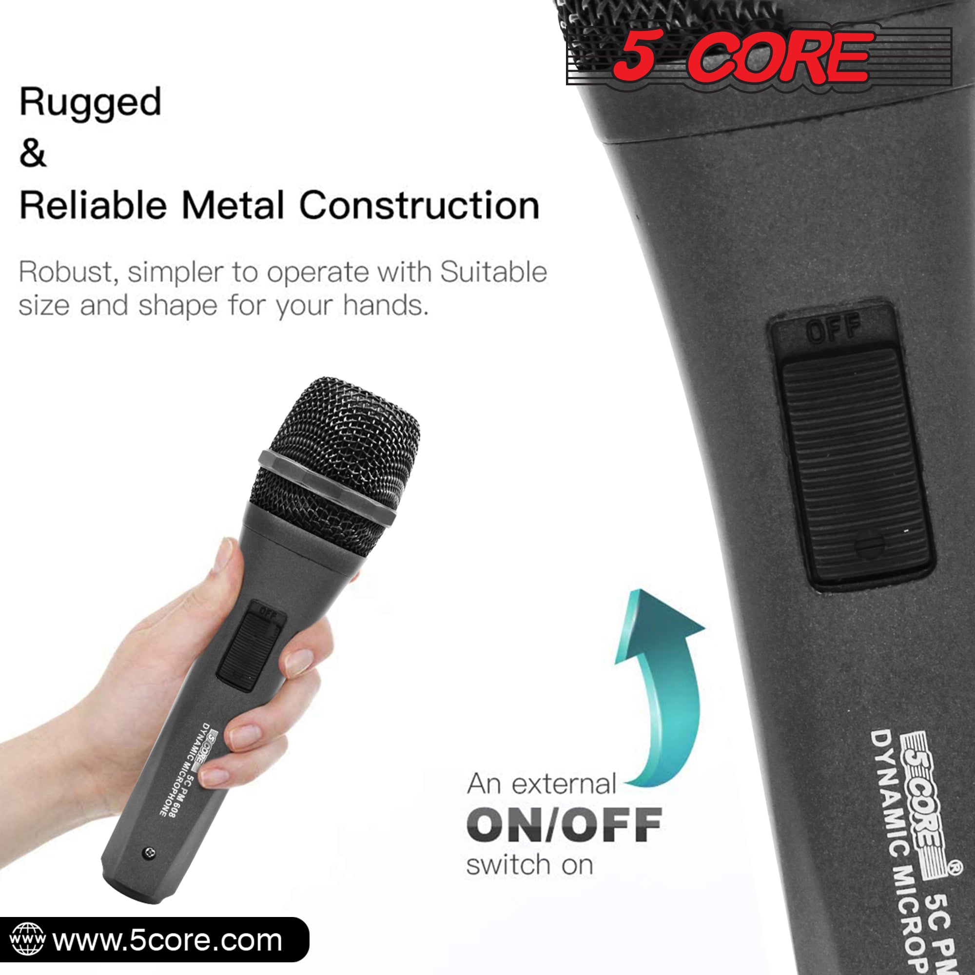 5 Core Microphone for Singing Karaoke with XLR connection, featuring a rugged design and built-in pop filter.