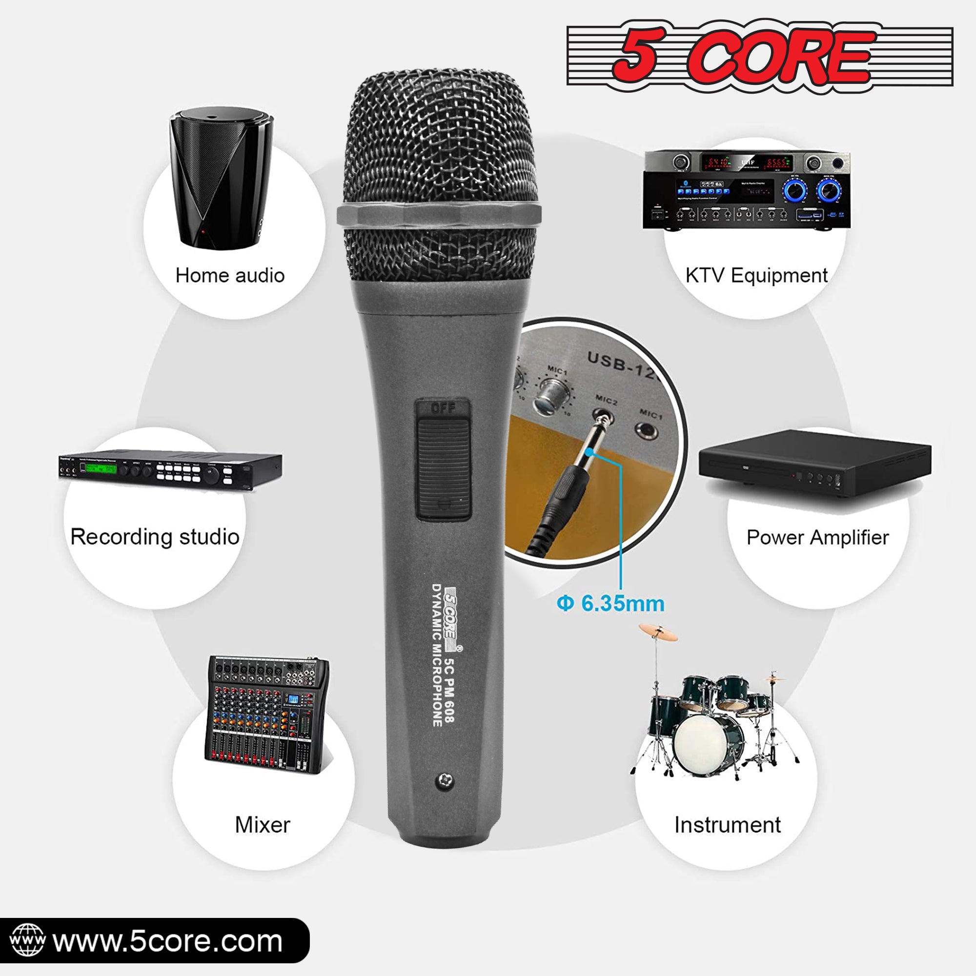 5 Core Microphone for Singing Karaoke with XLR connection, featuring a rugged design and built-in pop filter.