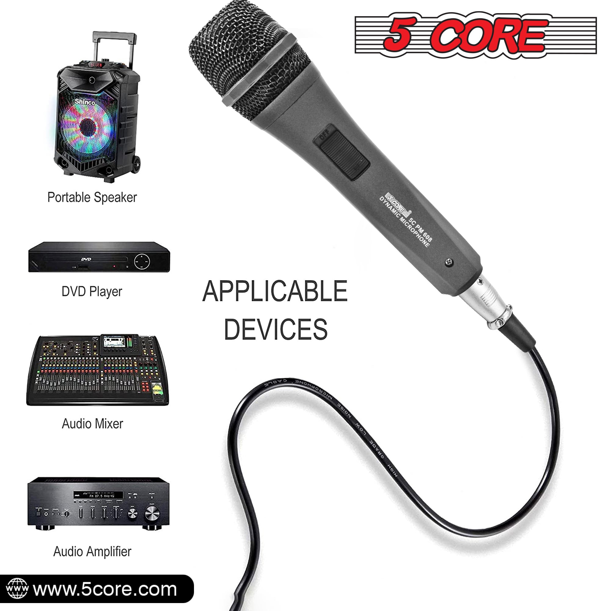 5 Core Microphone for Singing Karaoke with XLR connection, featuring a rugged design and built-in pop filter.