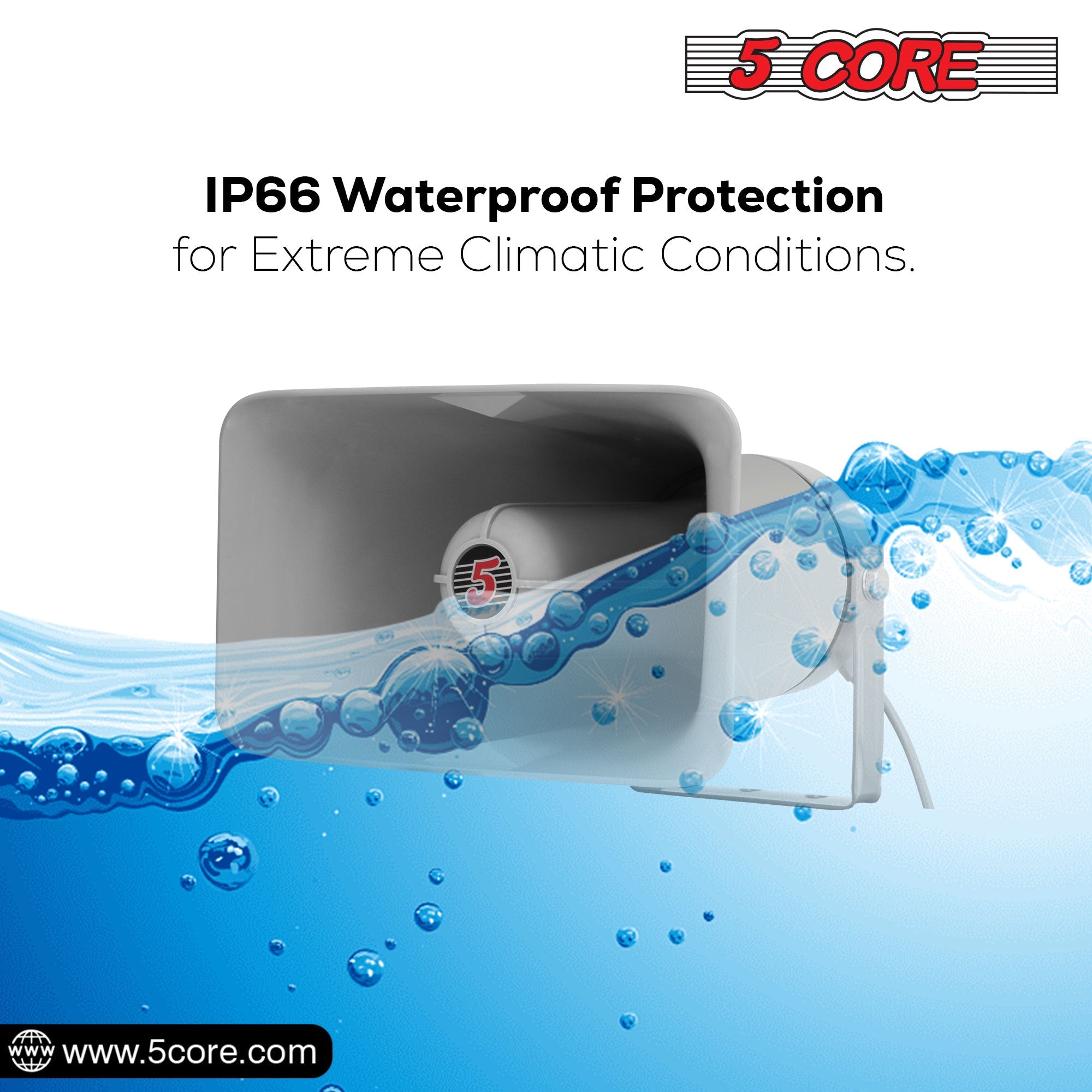 5 Core PA Horn Speaker, a durable outdoor loudspeaker with a compact design, ideal for public address systems and emergency vehicles.