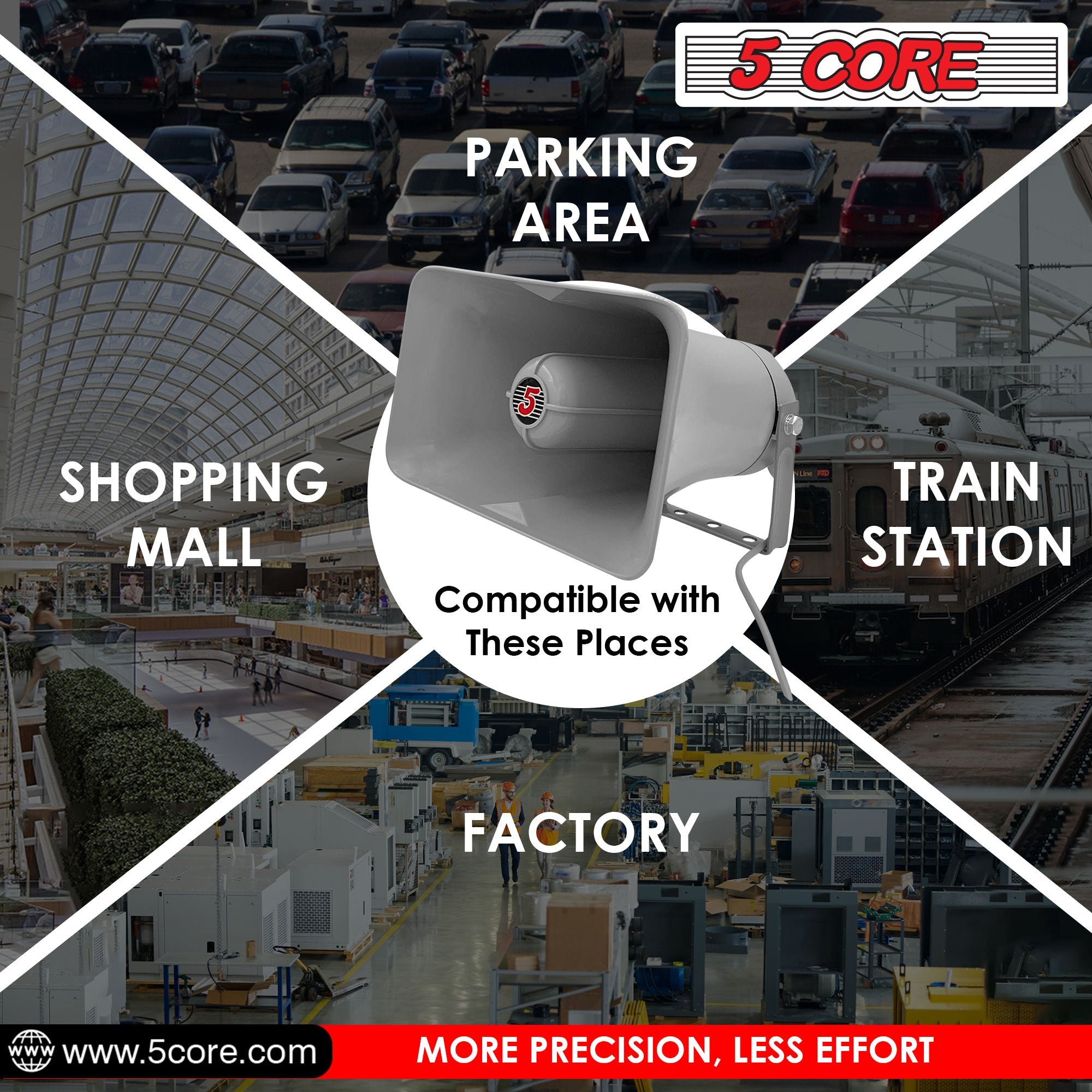 5 Core PA Horn Speaker, a durable outdoor loudspeaker with a compact design, ideal for public address systems and emergency vehicles.