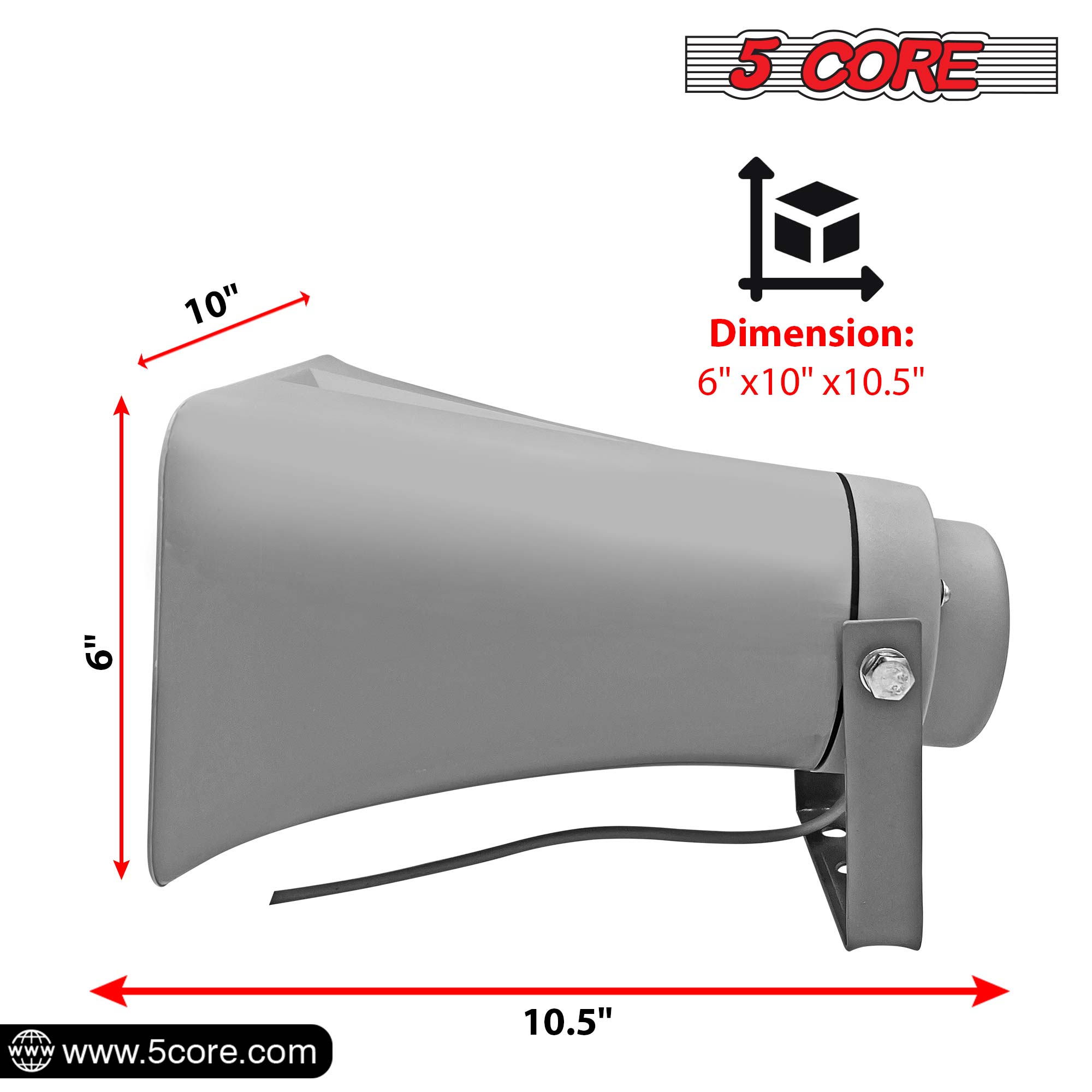 5 Core PA Horn Speaker, a durable outdoor loudspeaker with a compact design, ideal for public address systems and emergency vehicles.