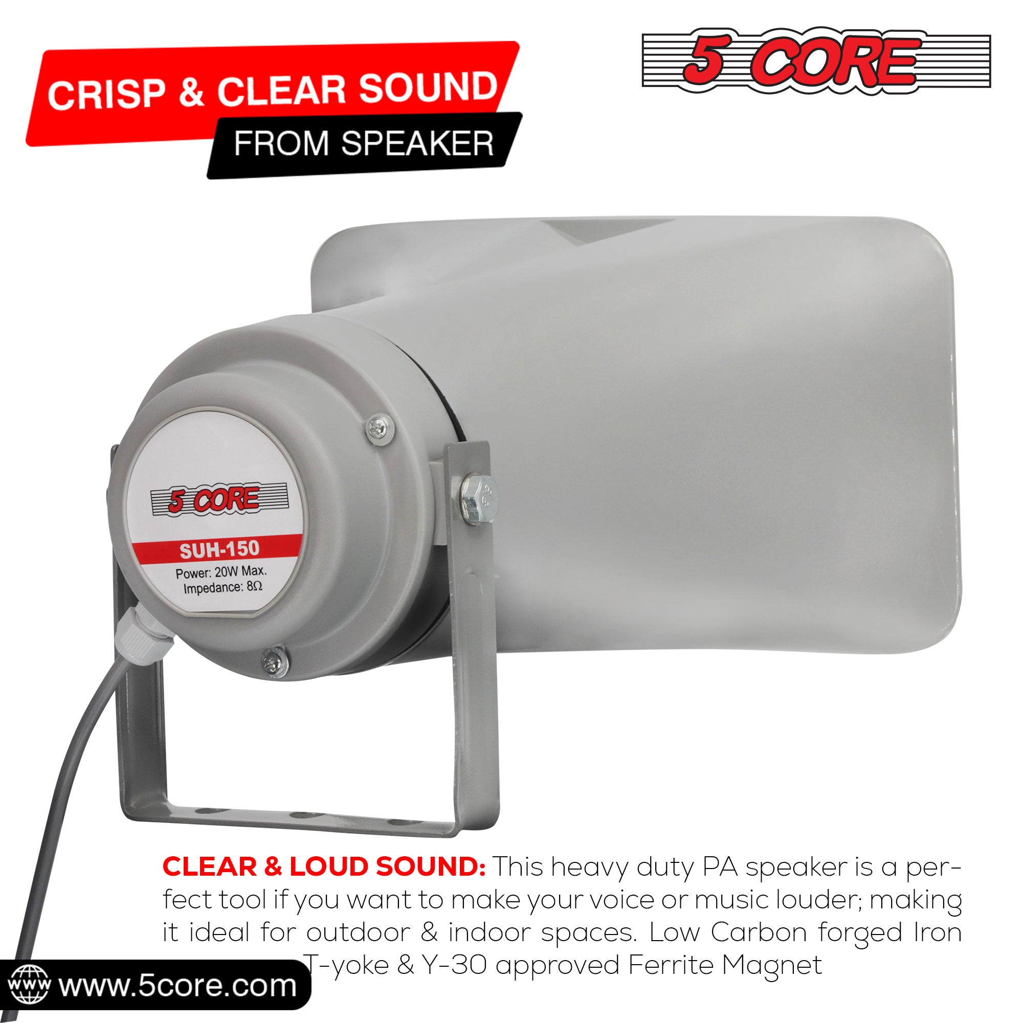 5 Core PA Horn Speaker, a durable outdoor loudspeaker with a compact design, ideal for public address systems and emergency vehicles.