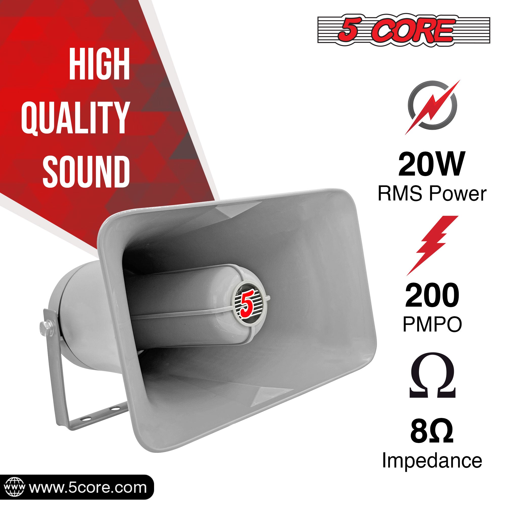 5 Core PA Horn Speaker, a durable outdoor loudspeaker with a compact design, ideal for public address systems and emergency vehicles.