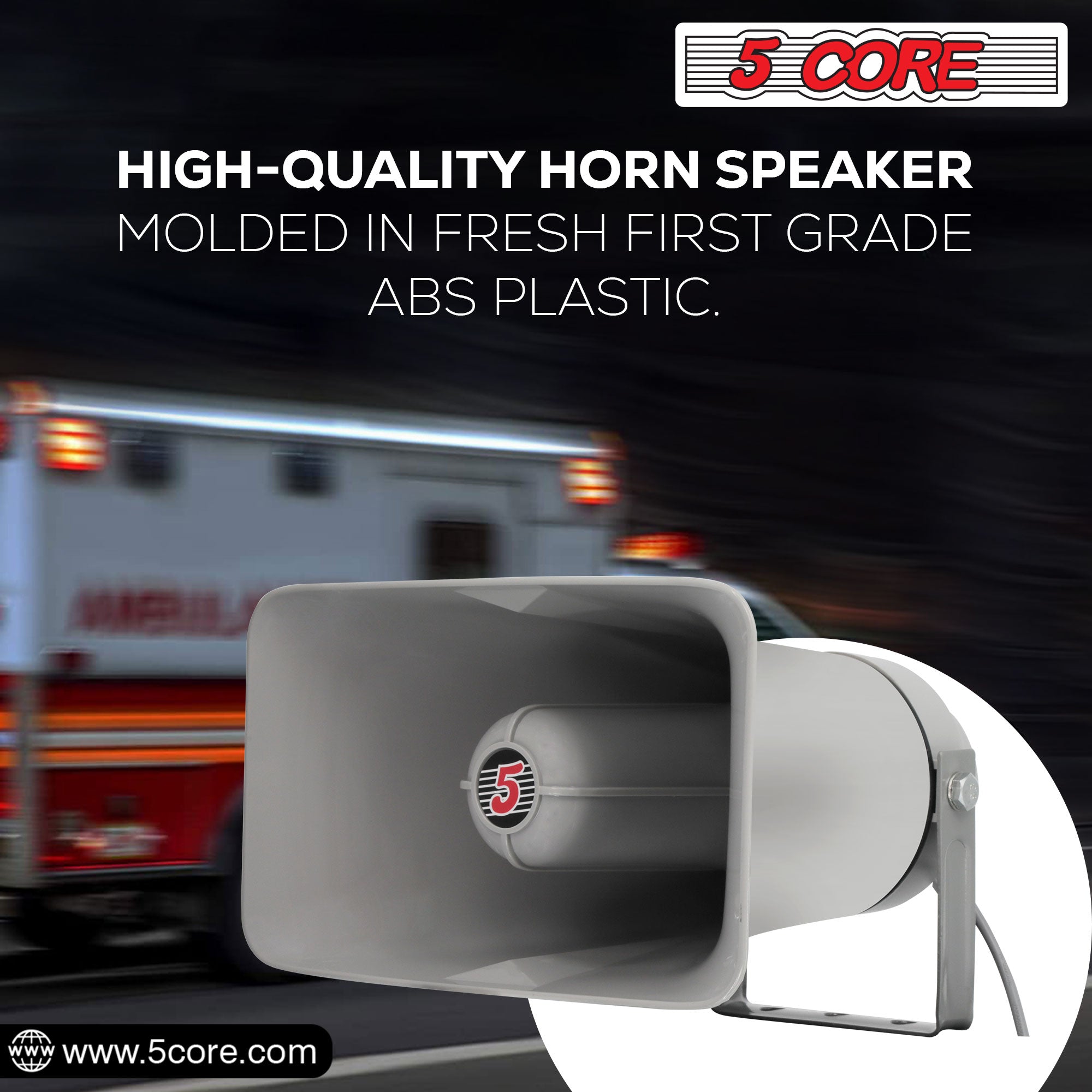 5 Core PA Horn Speaker, a durable outdoor loudspeaker with a compact design, ideal for public address systems and emergency vehicles.