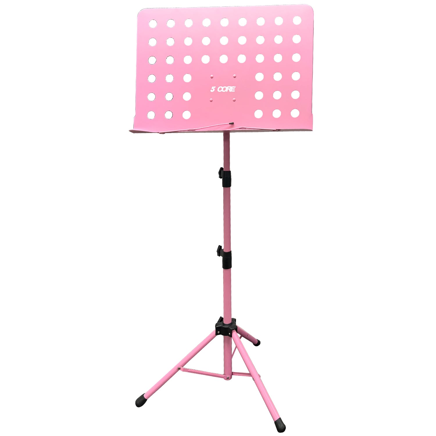 5 Core Sheet Music Stand in pink, featuring a sturdy metal tripod design, adjustable height and angle, perfect for musicians.