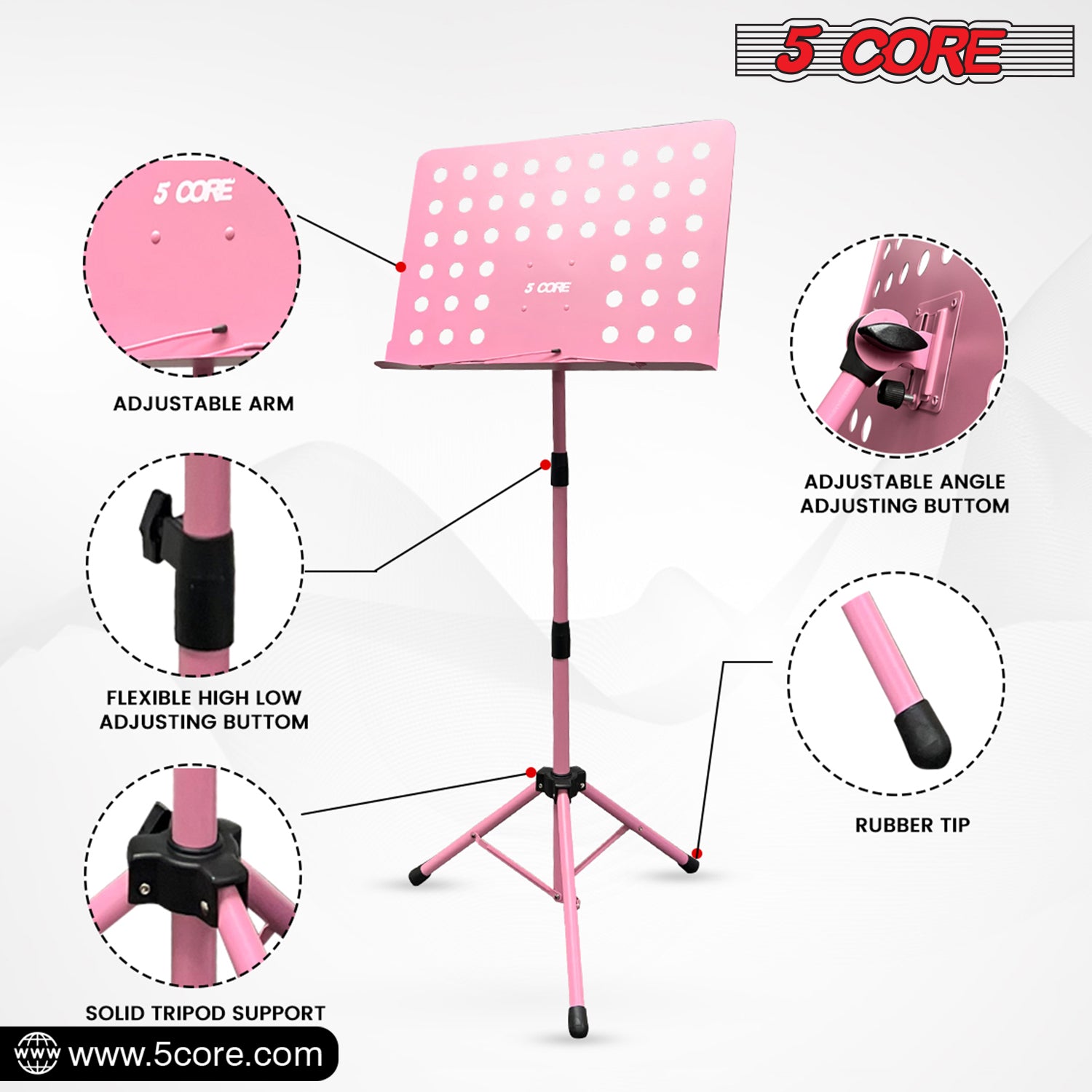 5 Core Sheet Music Stand in pink, featuring a sturdy metal tripod design, adjustable height and angle, perfect for musicians.