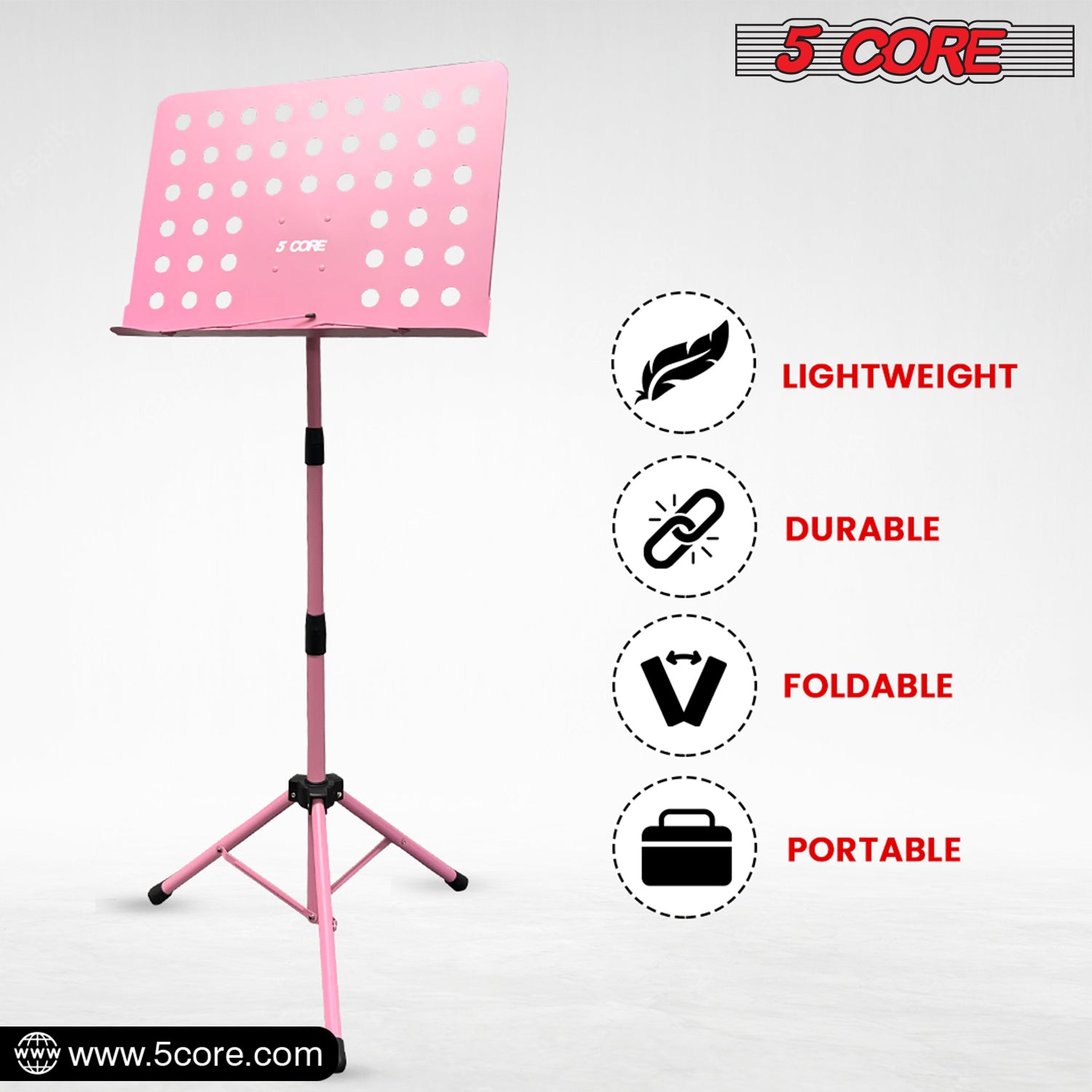 5 Core Sheet Music Stand in pink, featuring a sturdy metal tripod design, adjustable height and angle, perfect for musicians.