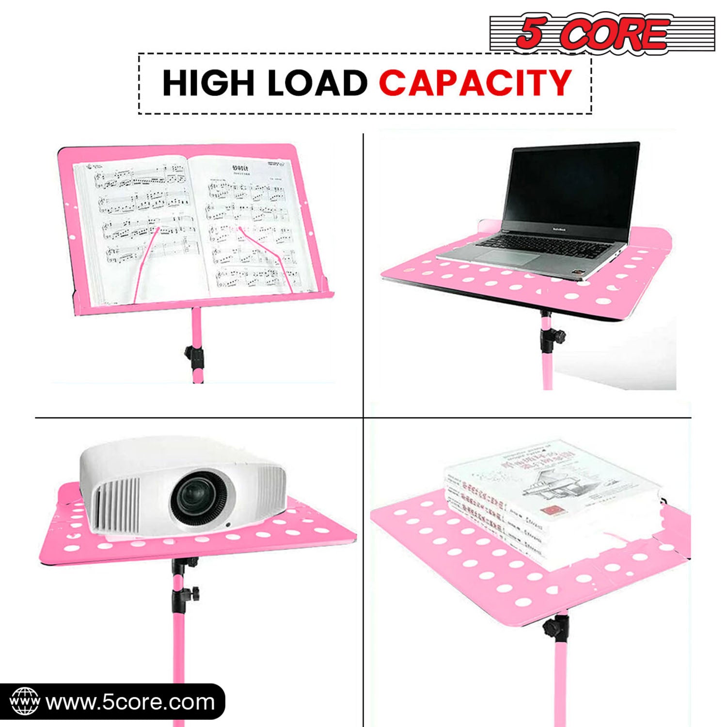 5 Core Sheet Music Stand in pink, featuring a sturdy metal tripod design, adjustable height and angle, perfect for musicians.