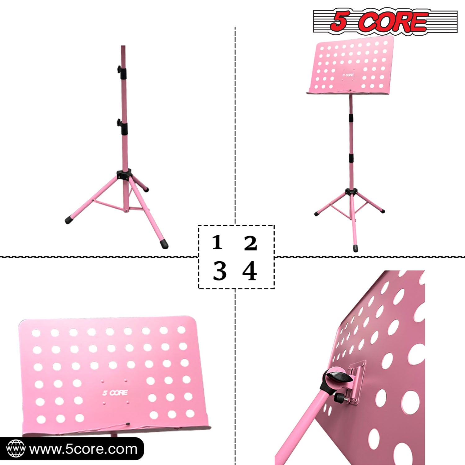 5 Core Sheet Music Stand in pink, featuring a sturdy metal tripod design, adjustable height and angle, perfect for musicians.