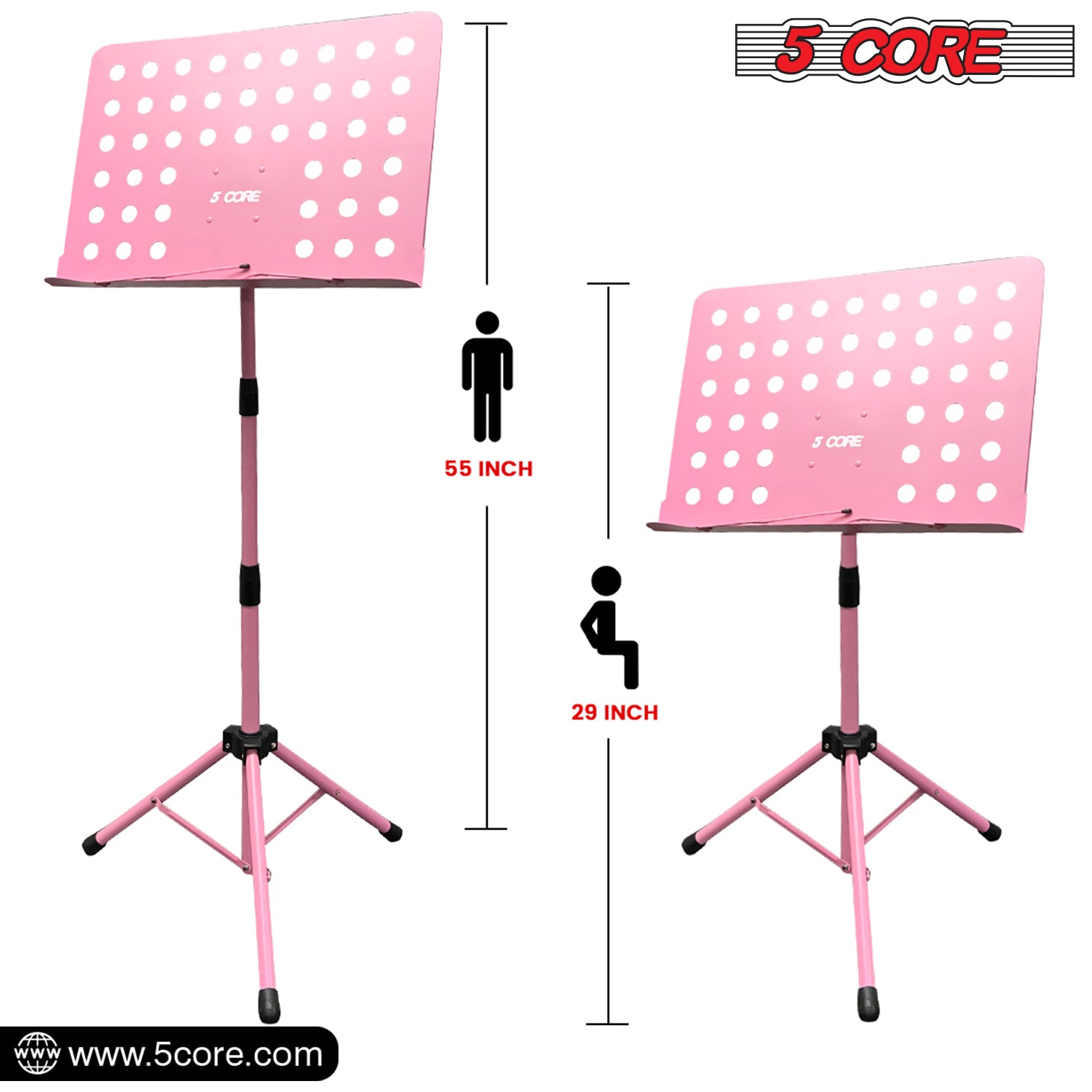 5 Core Sheet Music Stand in pink, featuring a sturdy metal tripod design, adjustable height and angle, perfect for musicians.