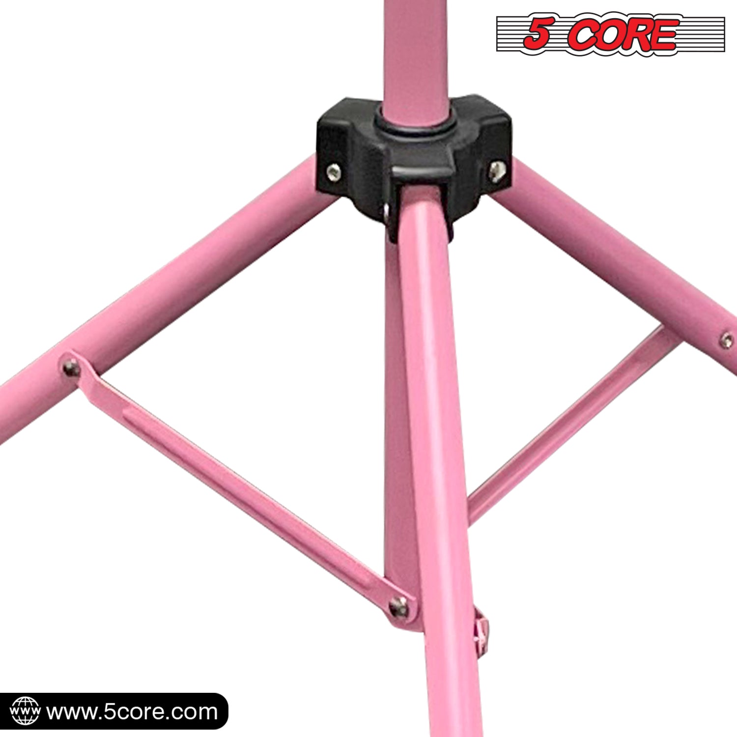 5 Core Sheet Music Stand in pink, featuring a sturdy metal tripod design, adjustable height and angle, perfect for musicians.