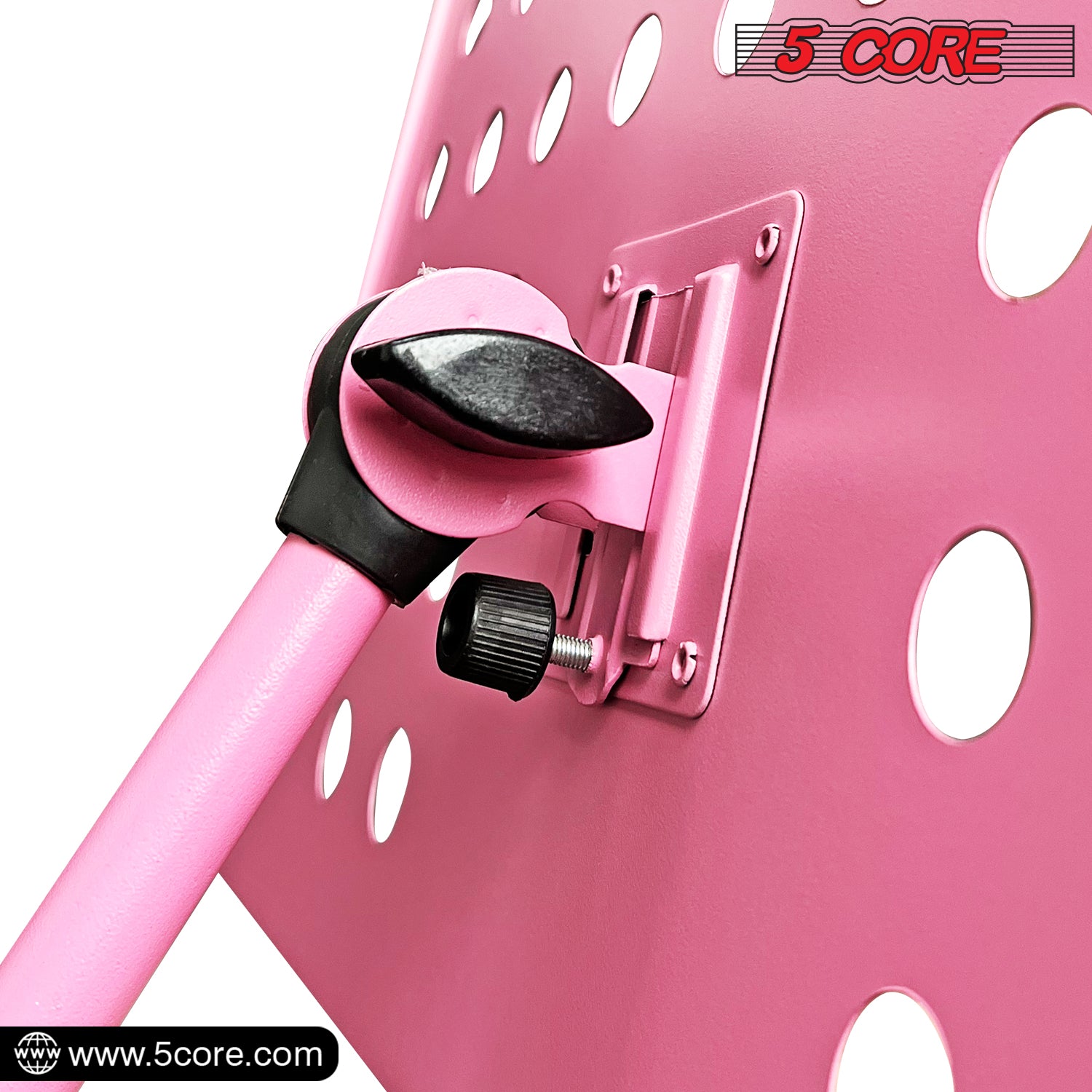 5 Core Sheet Music Stand in pink, featuring a sturdy metal tripod design, adjustable height and angle, perfect for musicians.