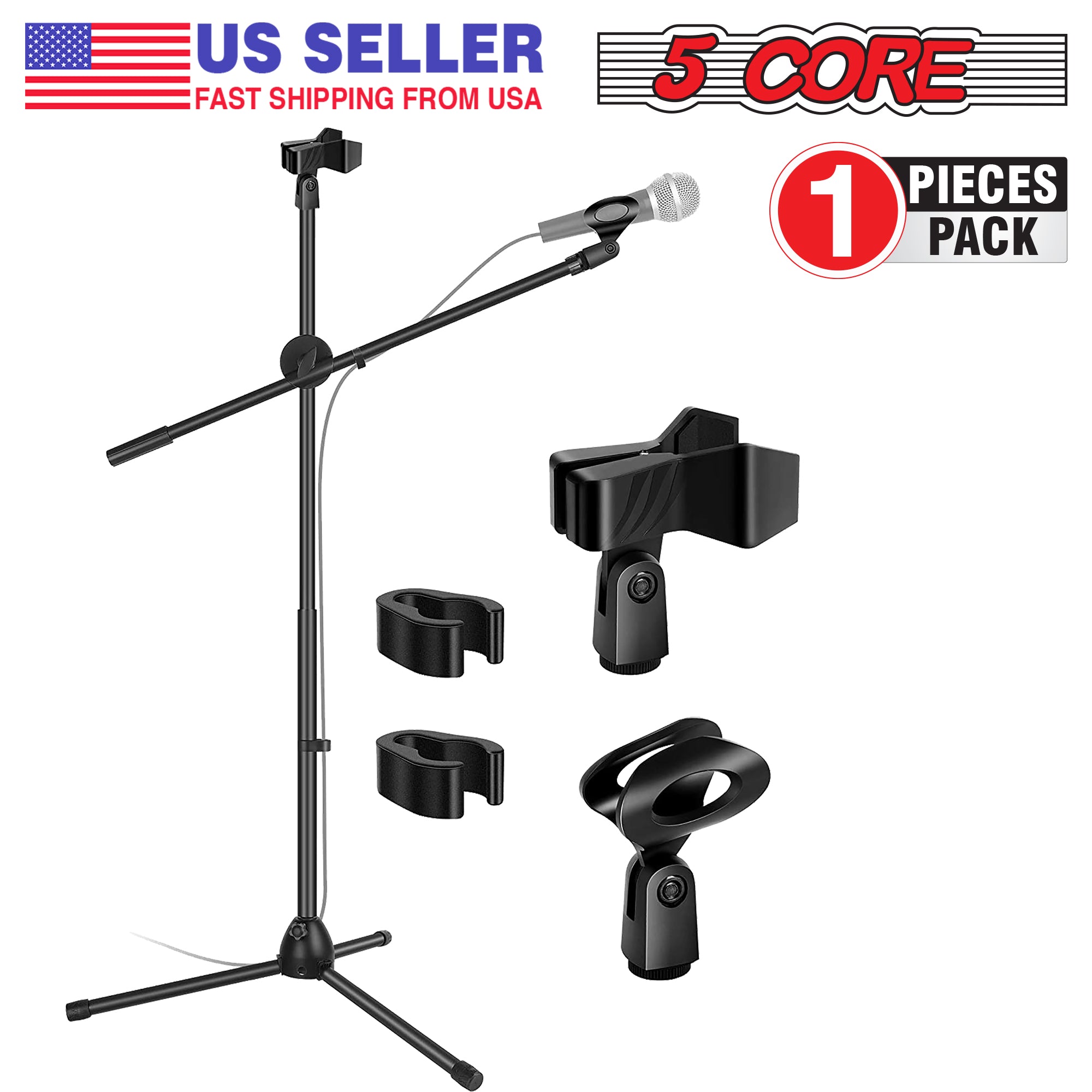 5 Core Tripod Mic Stand with adjustable height and angle, featuring a durable steel construction and universal mic compatibility.