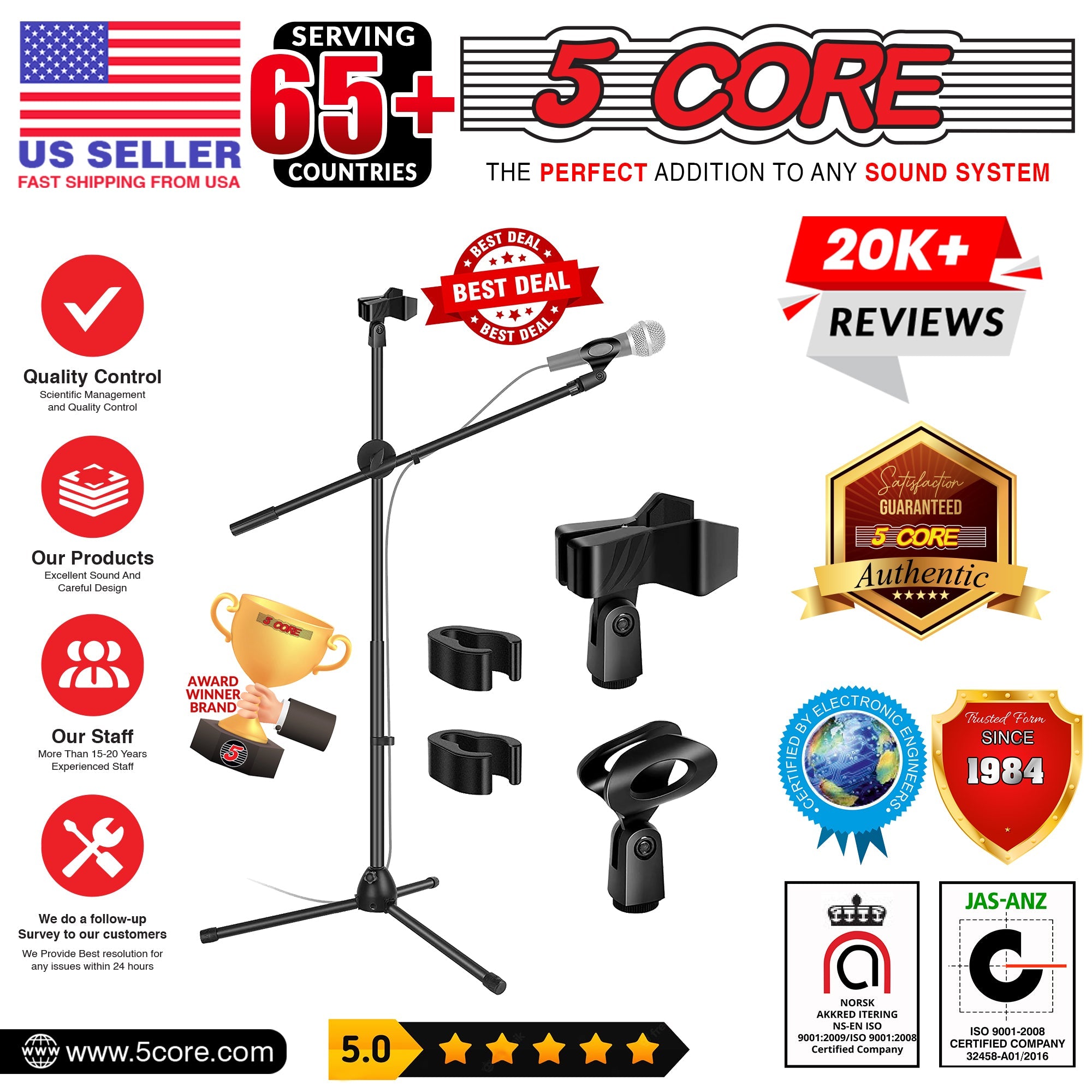 5 Core Tripod Mic Stand with adjustable height and angle, featuring a durable steel construction and universal mic compatibility.