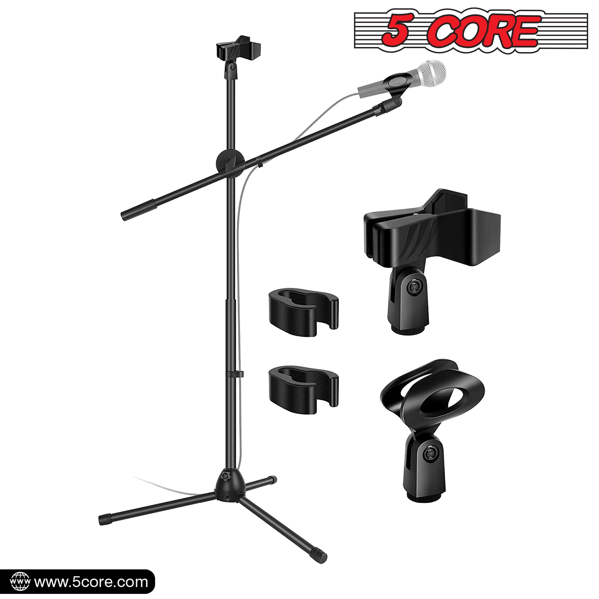 5 Core Tripod Mic Stand with adjustable height and angle, featuring a durable steel construction and universal mic compatibility.