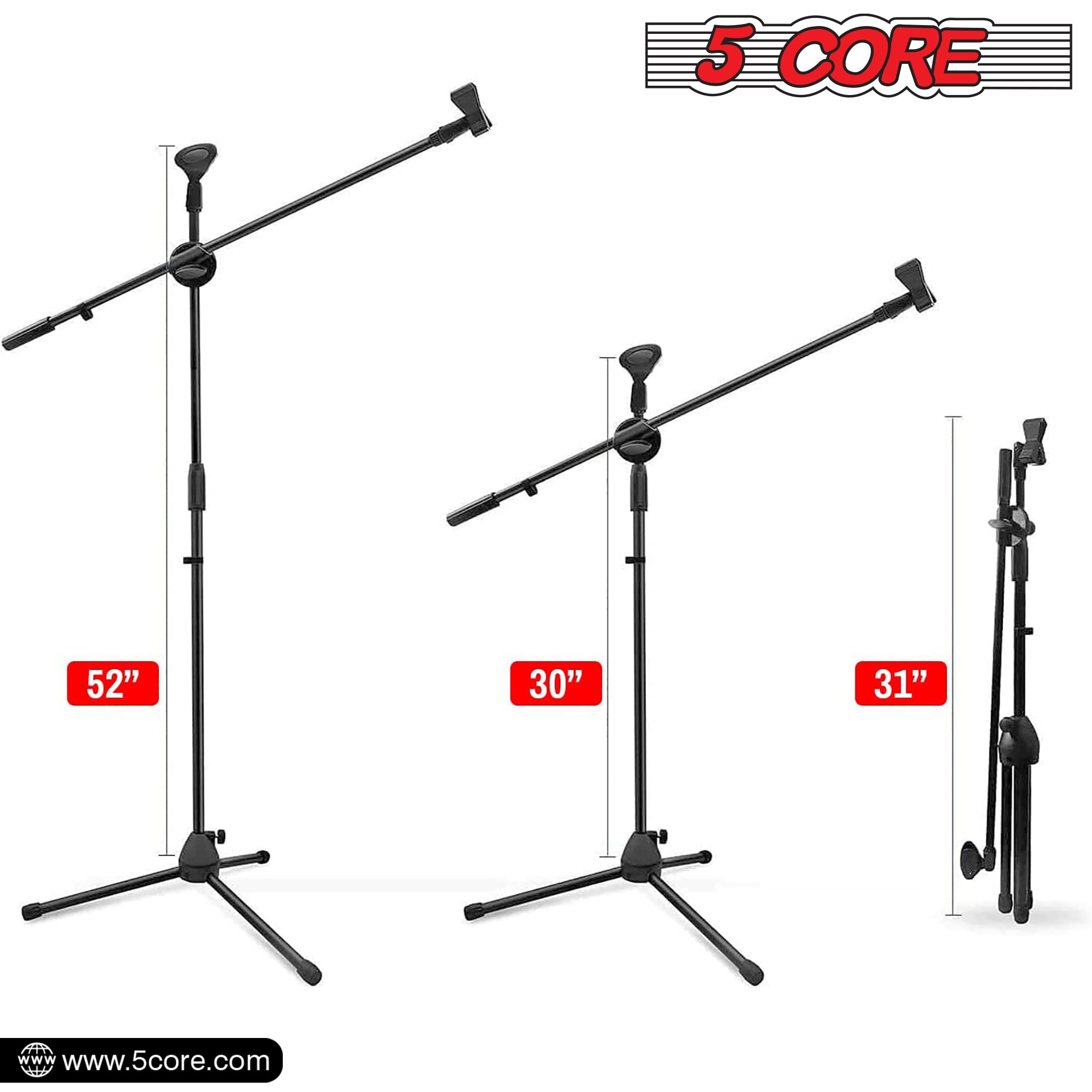 5 Core Tripod Mic Stand with adjustable height and angle, featuring a durable steel construction and universal mic compatibility.