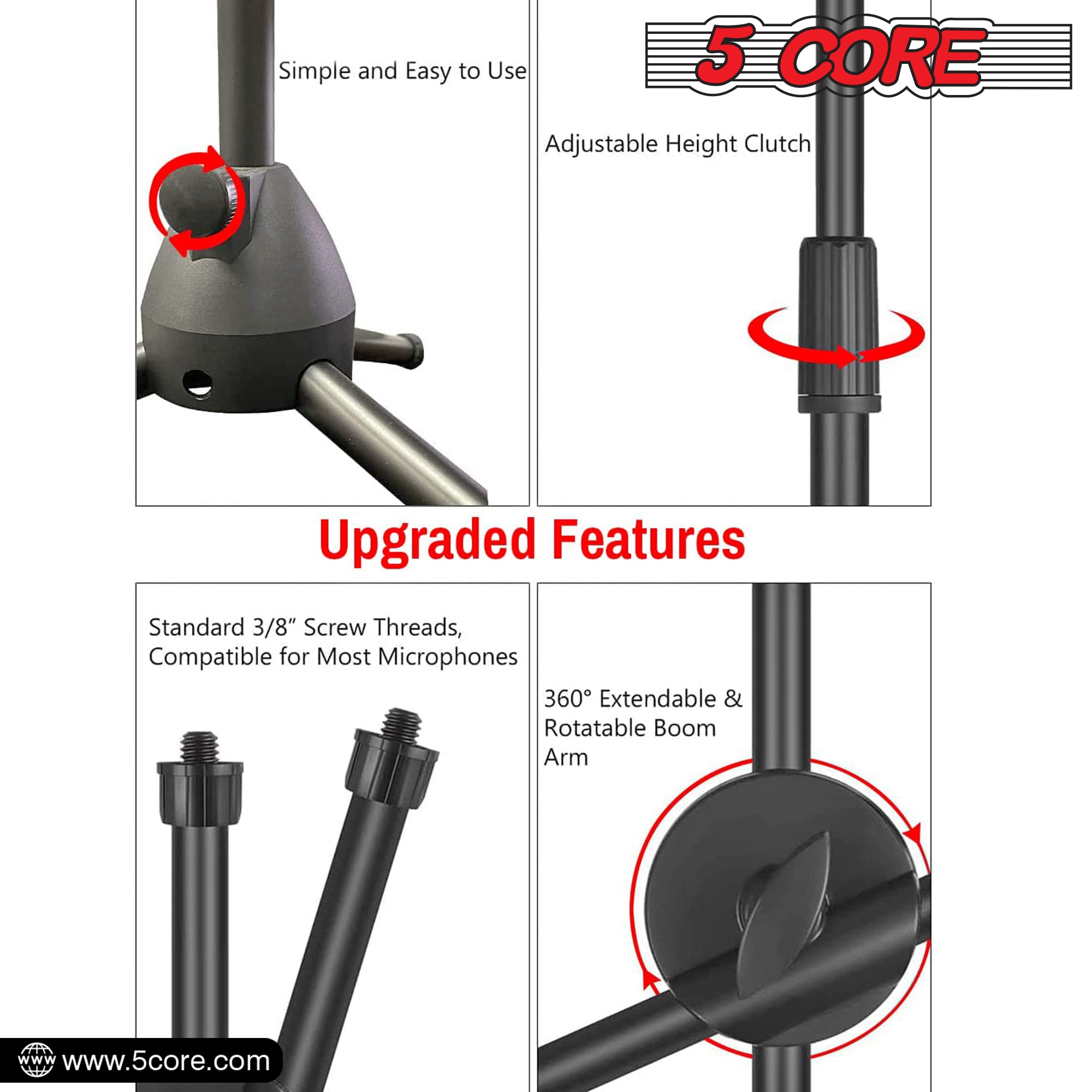 5 Core Tripod Mic Stand with adjustable height and angle, featuring a durable steel construction and universal mic compatibility.